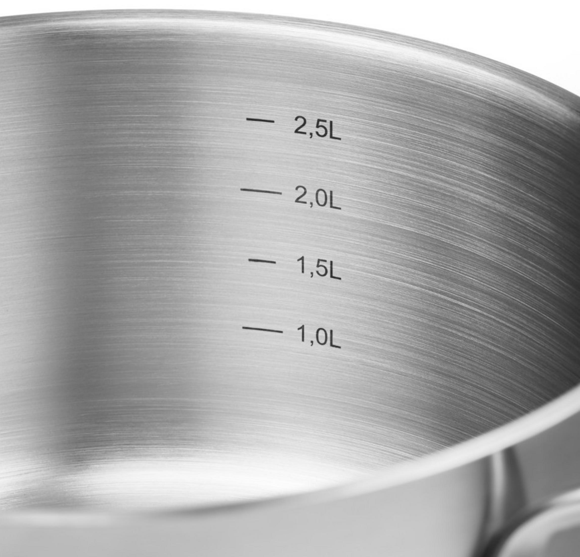 Stalowa doniczka z oznaczeniami pomiarowymi: 1,0L, 1,5L, 2,0L, 2,5L.