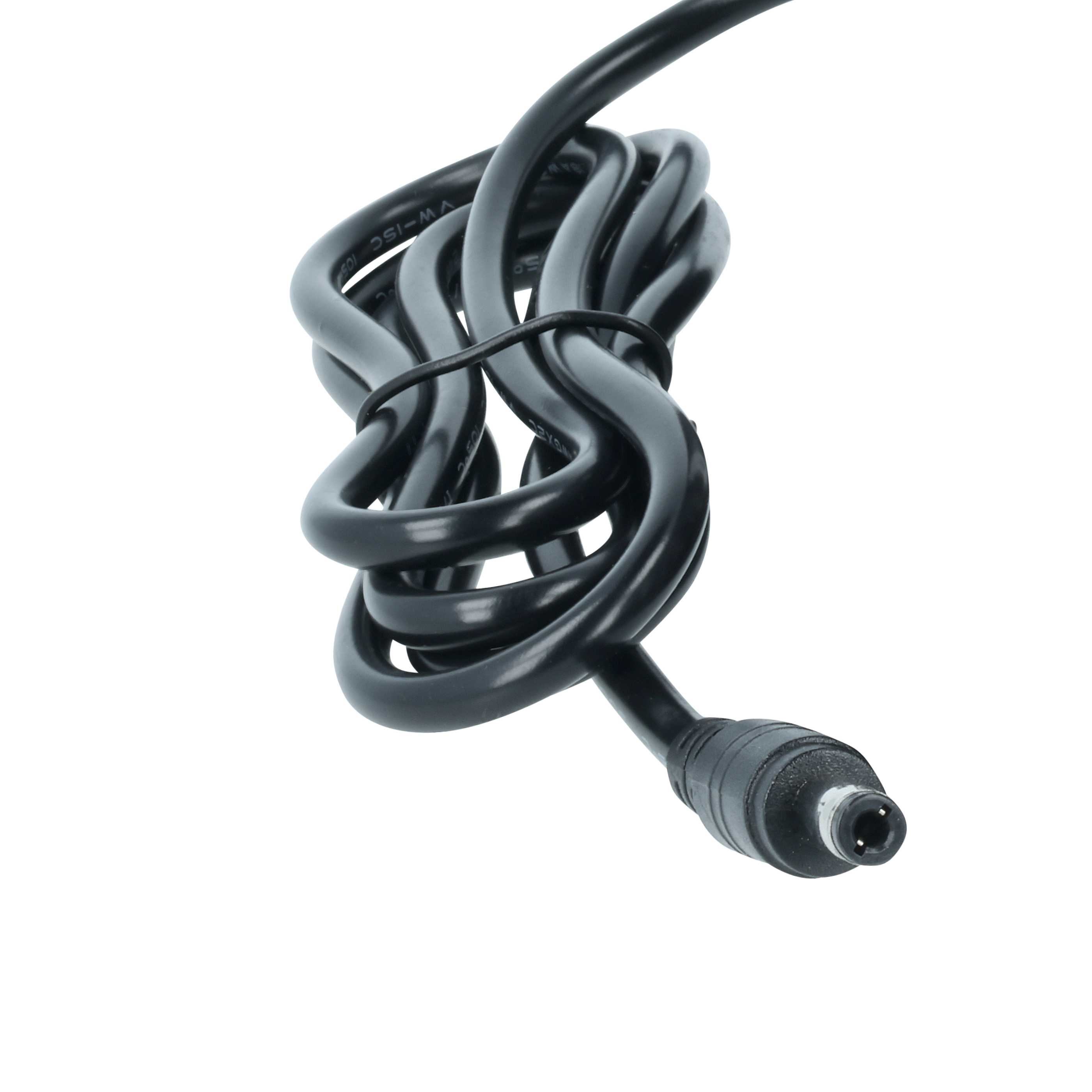 Schwarzes Kabel mit einem runden Stecker, aufgerollt und mit einem Kabelbinder gehalten.