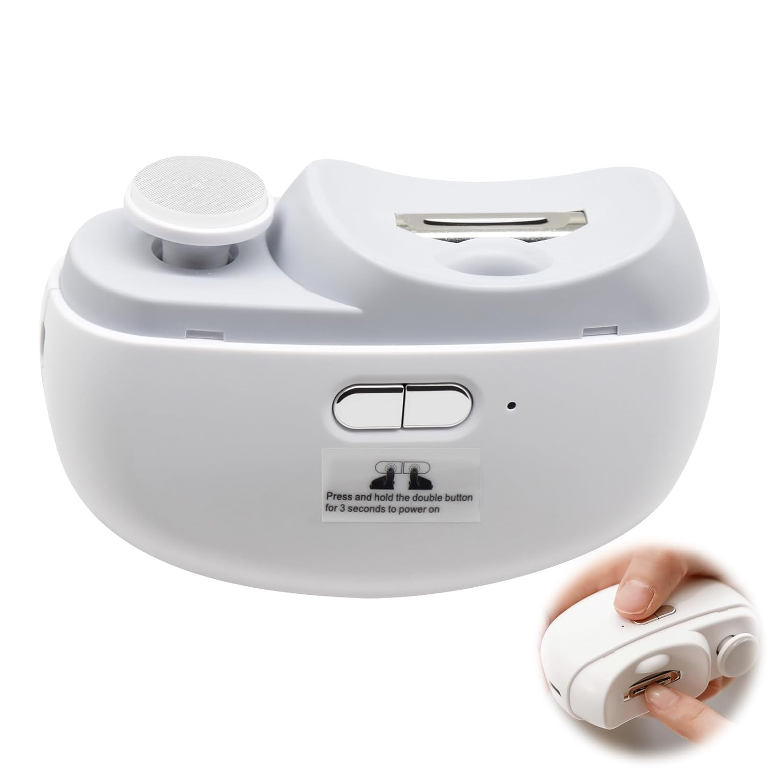 Ein weißes Baby-Nagelknipser-Set mit Aufsätzen und USB-Ladeanschluss.