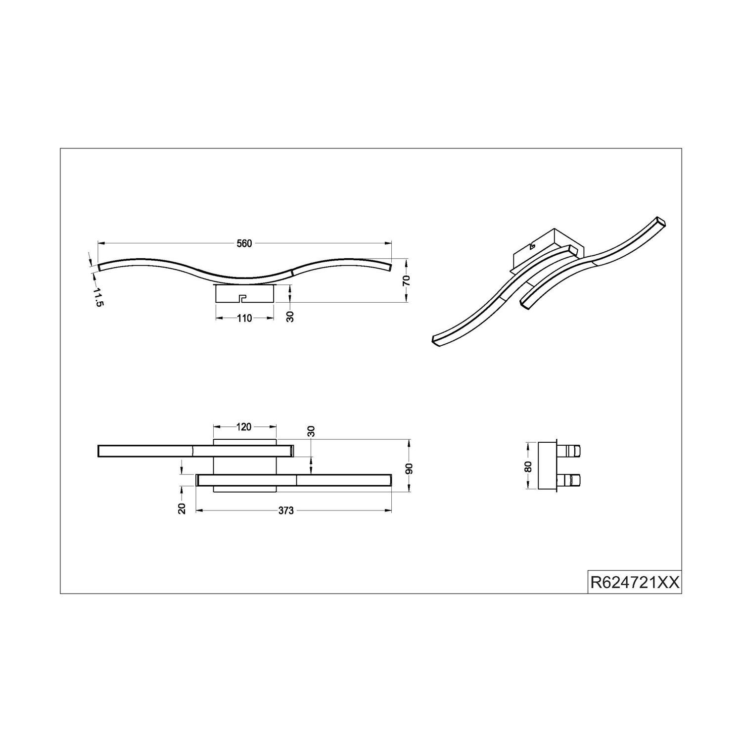 Disegno tecnico di una lampada curva con dimensioni.