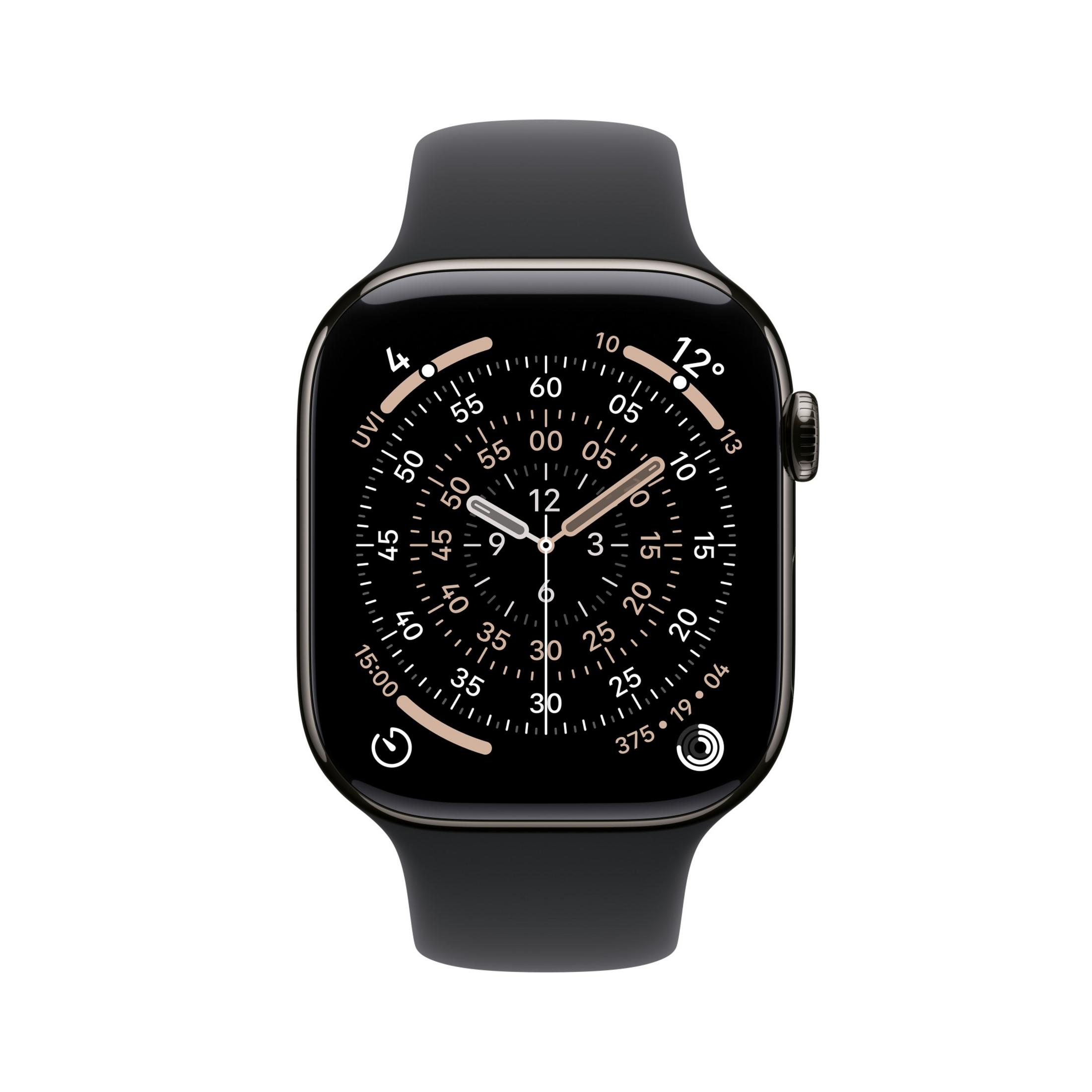 Uno smartwatch nero con cinturino nero mostra un quadrante con l'ora.