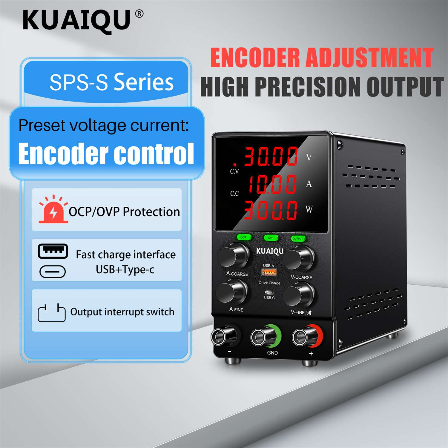 Schwarz Kuaiqu Netzteil mit rotem LED-Display, Tasten und Knöpfen.