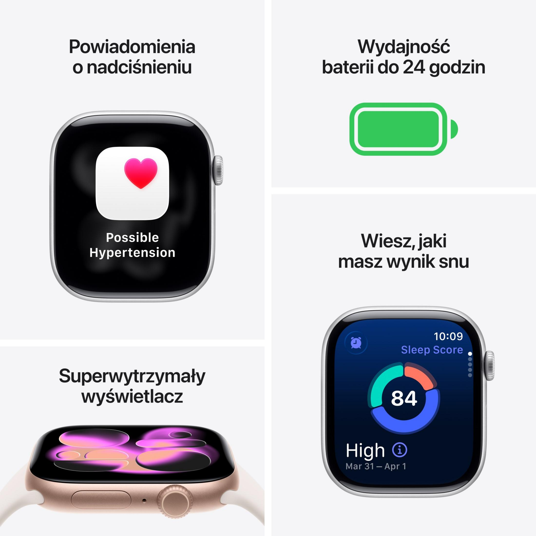Un Apple Watch mostra notifiche, stato batteria, punteggio sonno e display sempre attivo.
