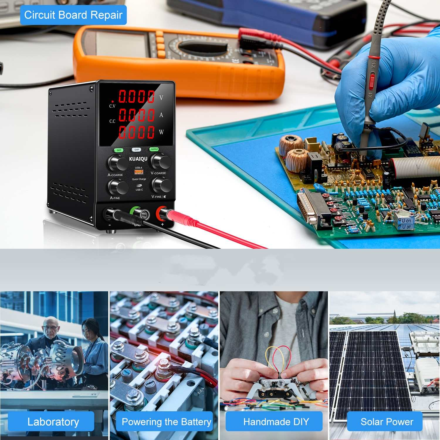 Gerät zur Reparatur von Leiterplatten, mit Digitalanzeige und Messsonden.