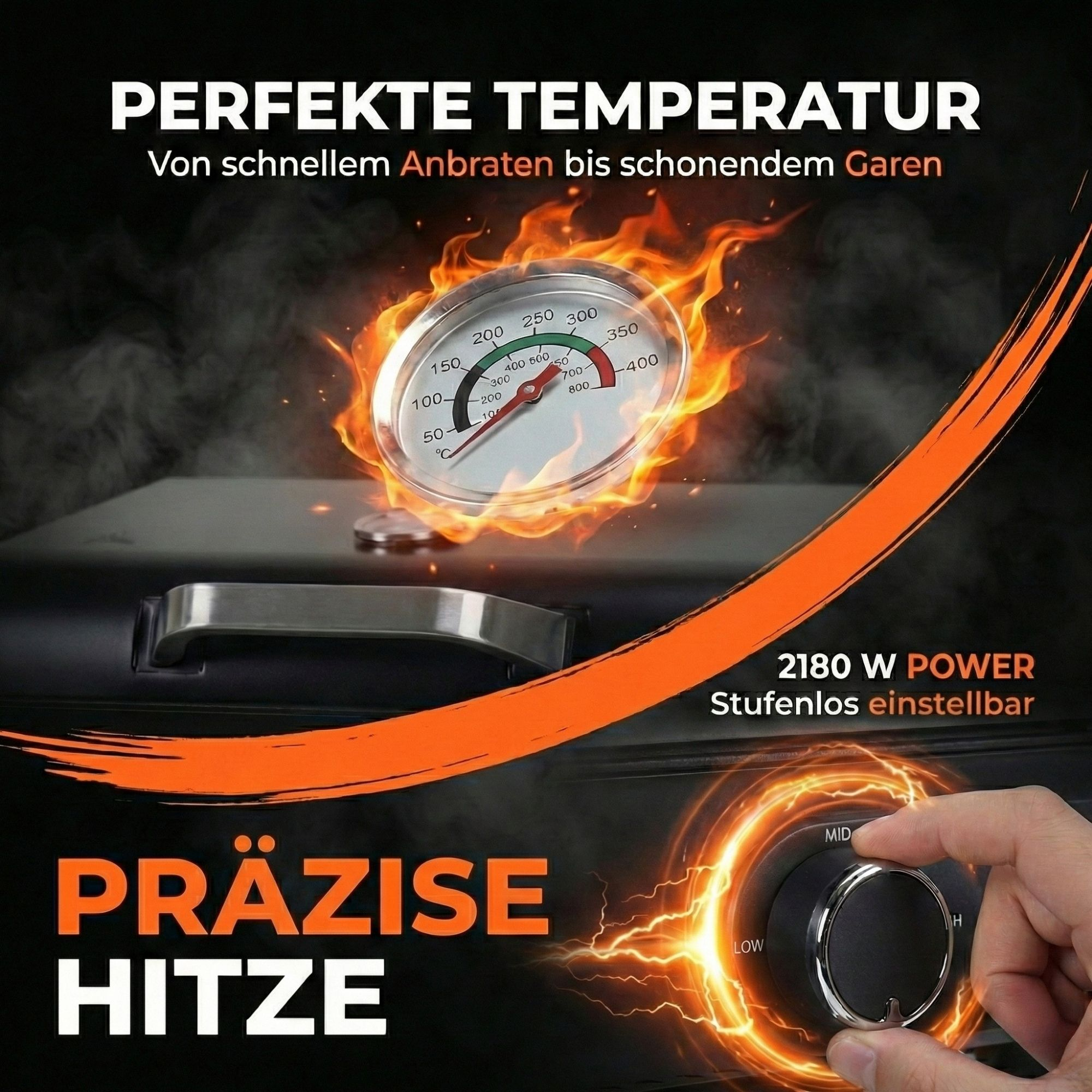 Grill mit Thermometer und Drehregler, umgeben von Flammen und Blitzen.