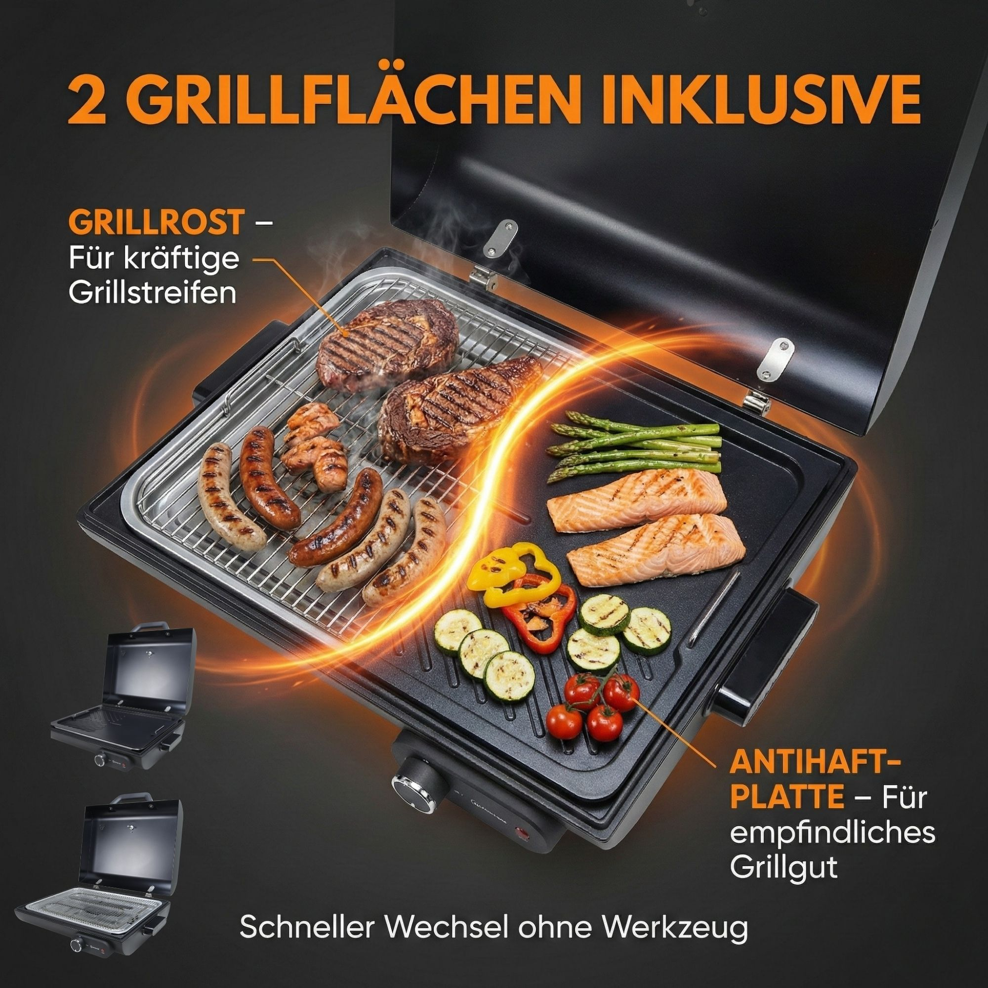 Grill mit Steaks, Würstchen, Lachs, Spargel und Gemüse. Zwei Grillflächen.