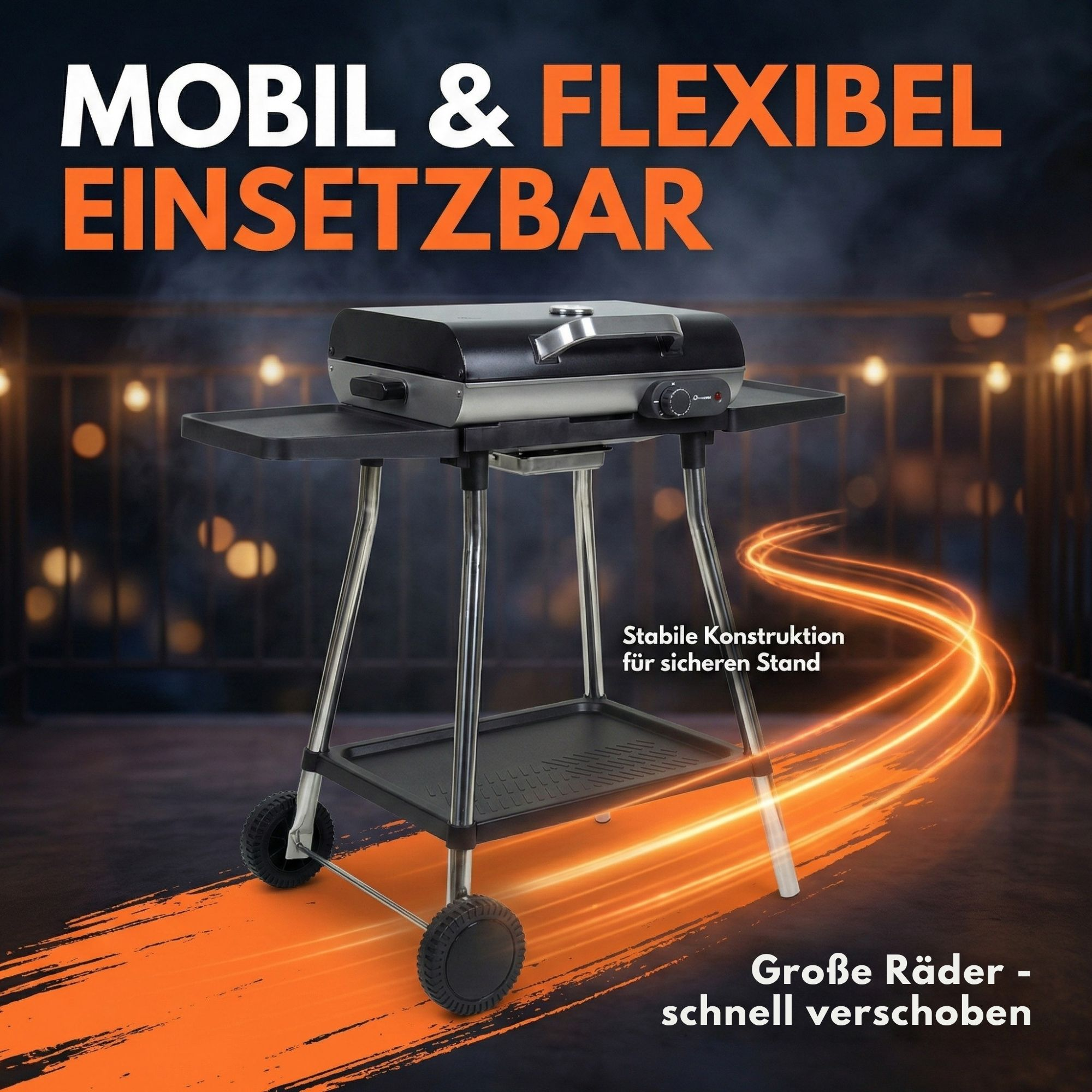 Ein tragbarer Grill auf einem Wagen mit Rädern, beleuchtet von orangen Lichtstreifen.