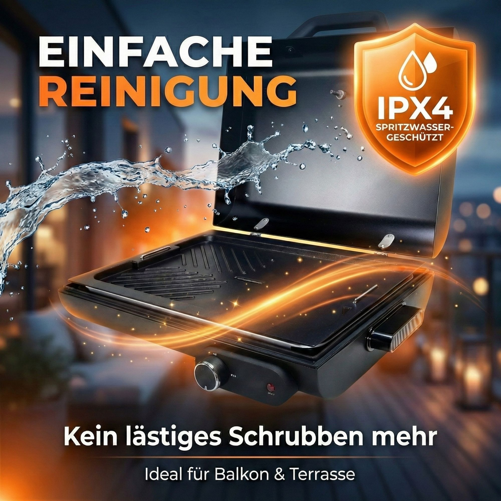 Elektrischer Grill mit IPX4 Spritzwasserschutz und einfacher Reinigung.