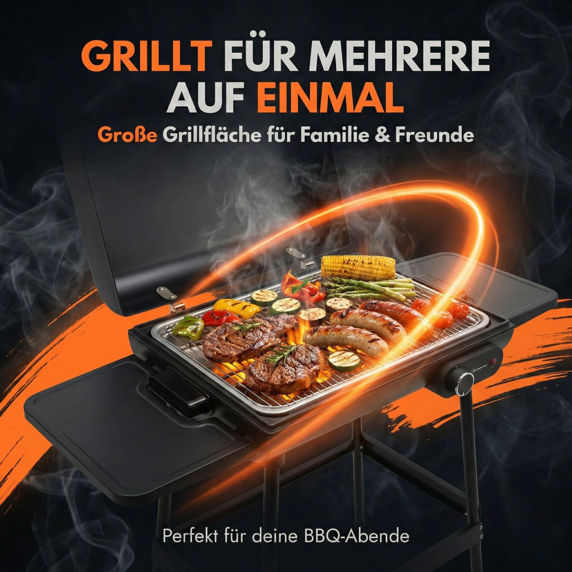 Ein Elektrogrill mit Steaks, Würstchen, Gemüse und Maiskolben.
