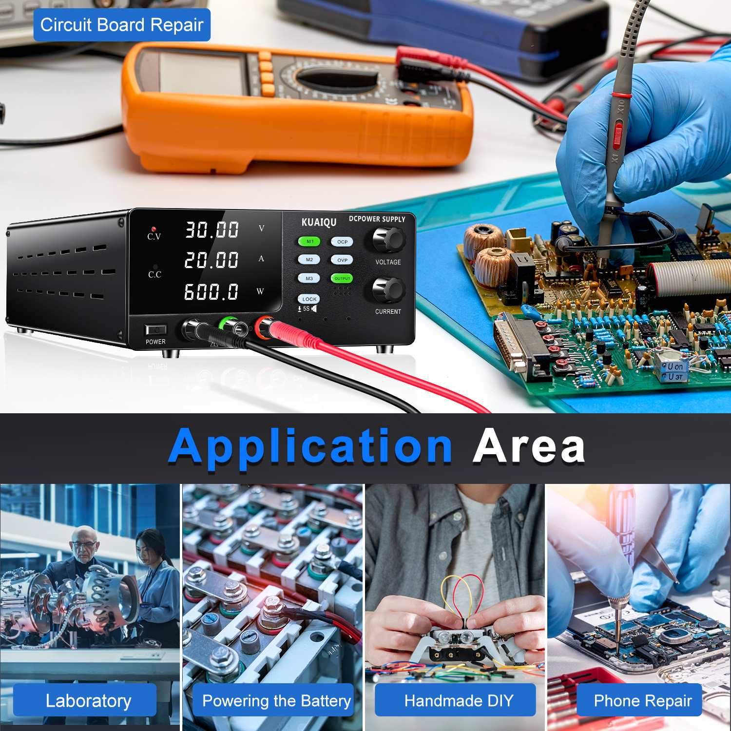 Labor, Batterie, DIY, Handy-Reparatur: DC-Netzteil mit Multimeter.