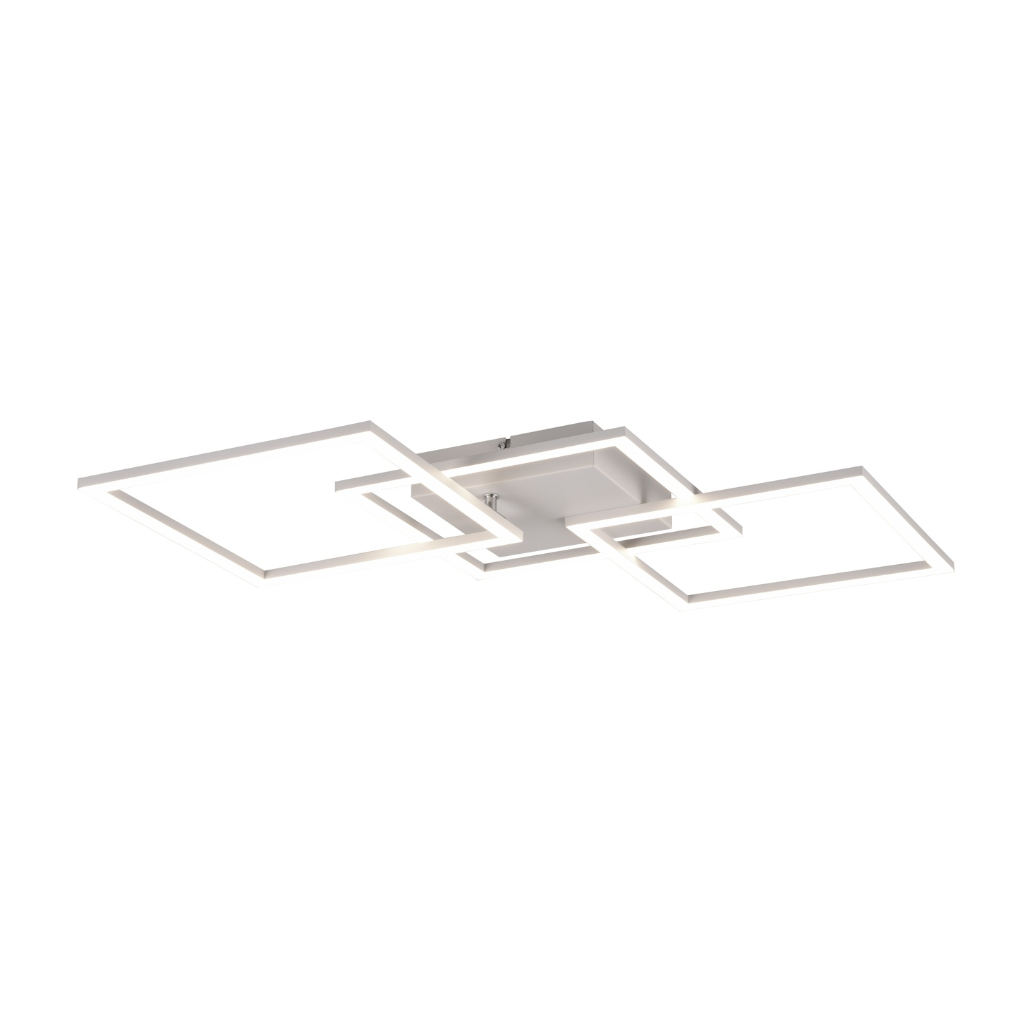 Moderner Deckenleuchter mit drei verschlungenen weißen Quadraten und integriertem Licht.