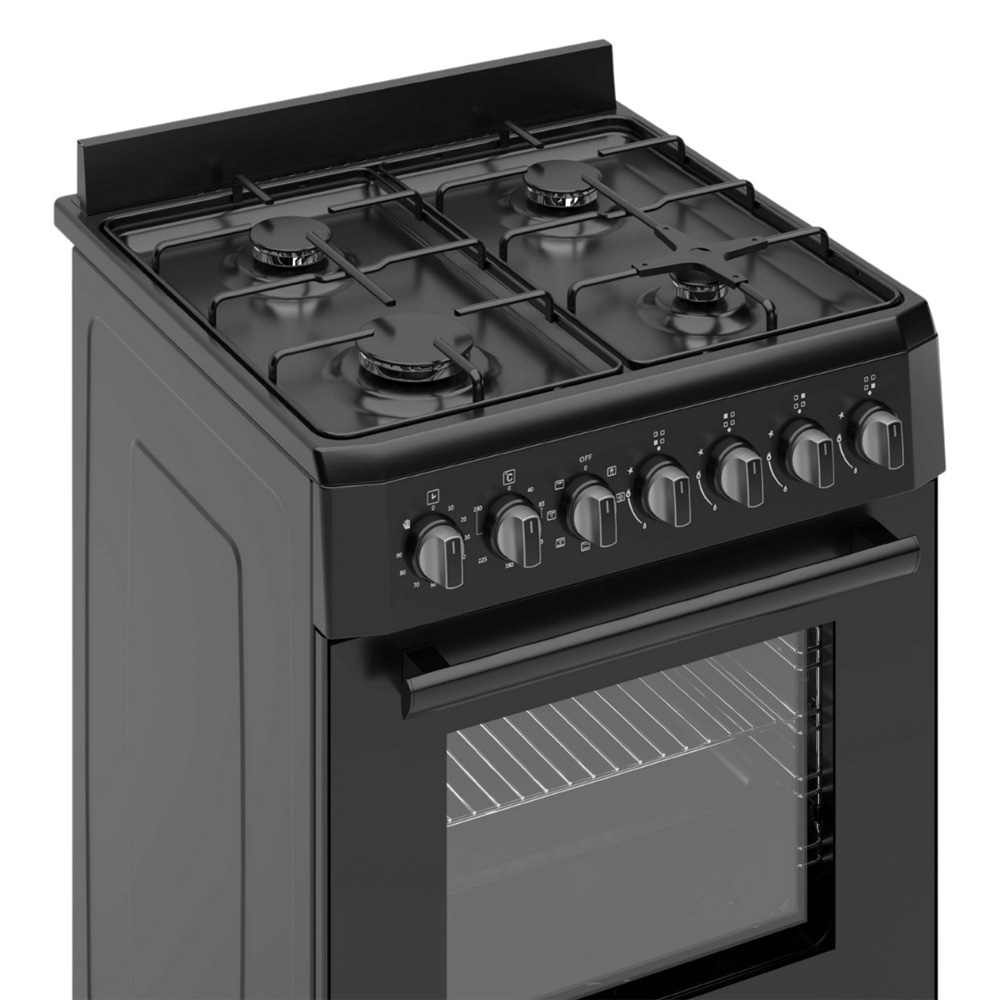 Black gas stove with four burners and an oven door.