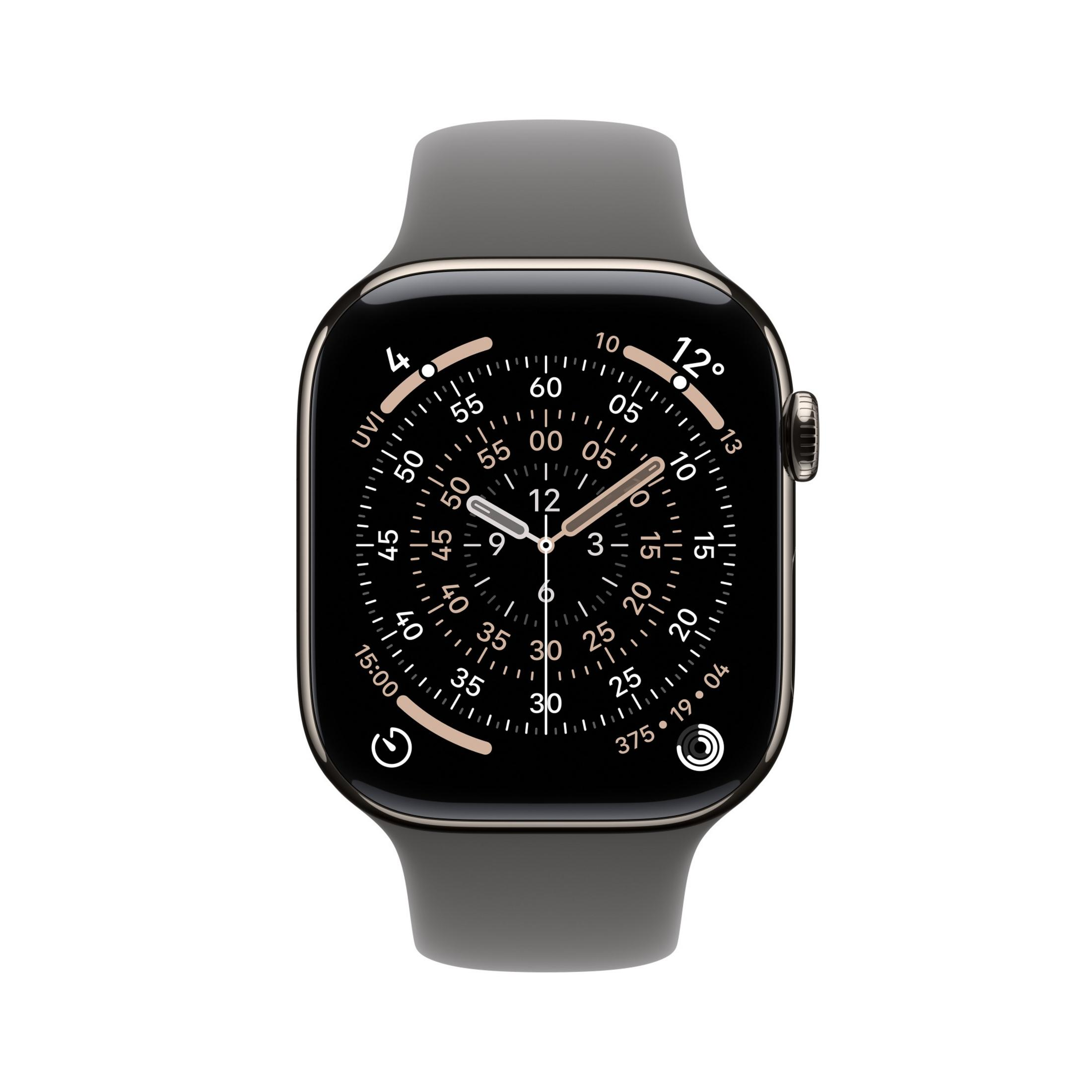 Uno smartwatch con quadrante scuro mostra ora, indice UV e temperatura. Cinturino grigio.
