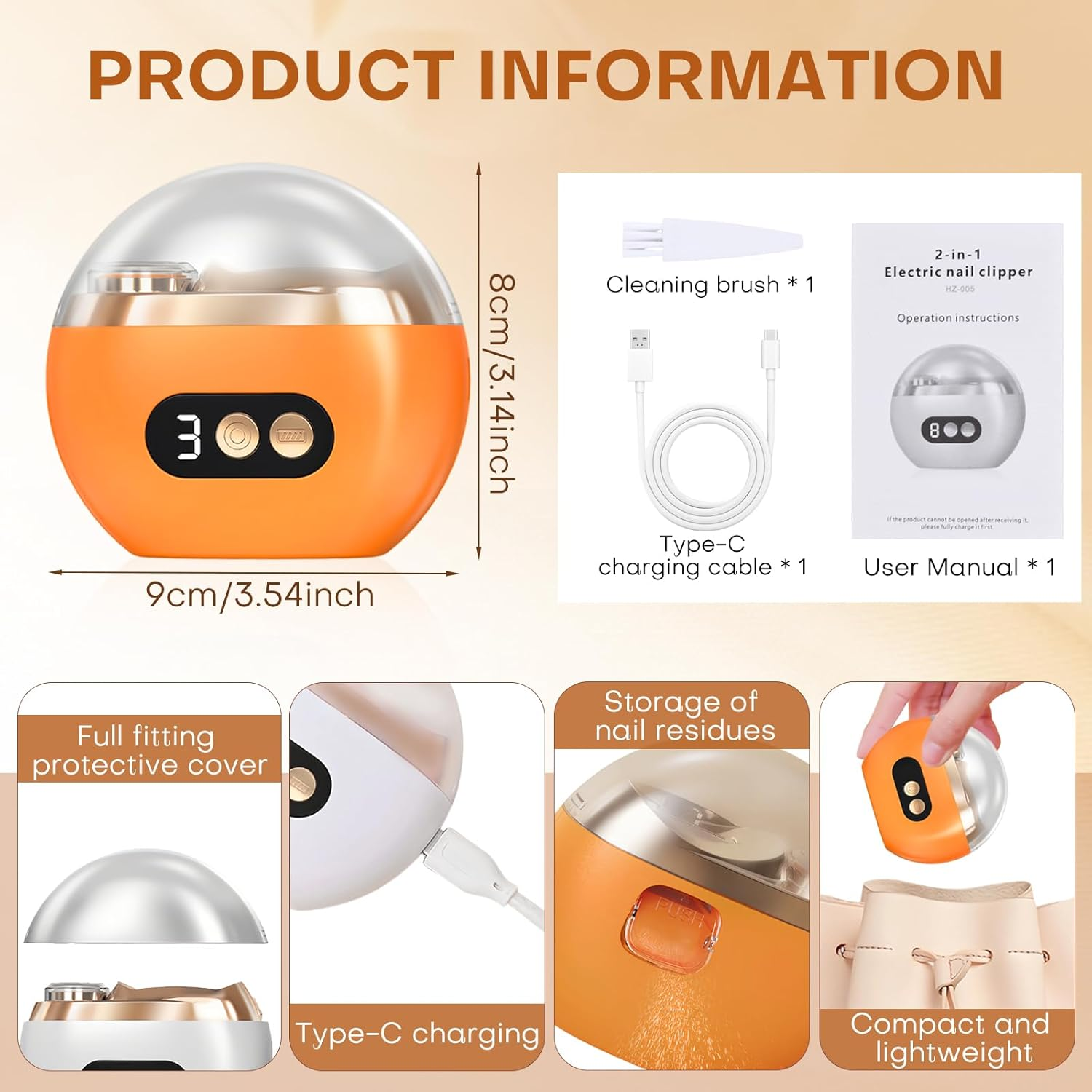 Orange elektrischer Nagelknipser mit Display, Ladeanschluss und Zubehör.