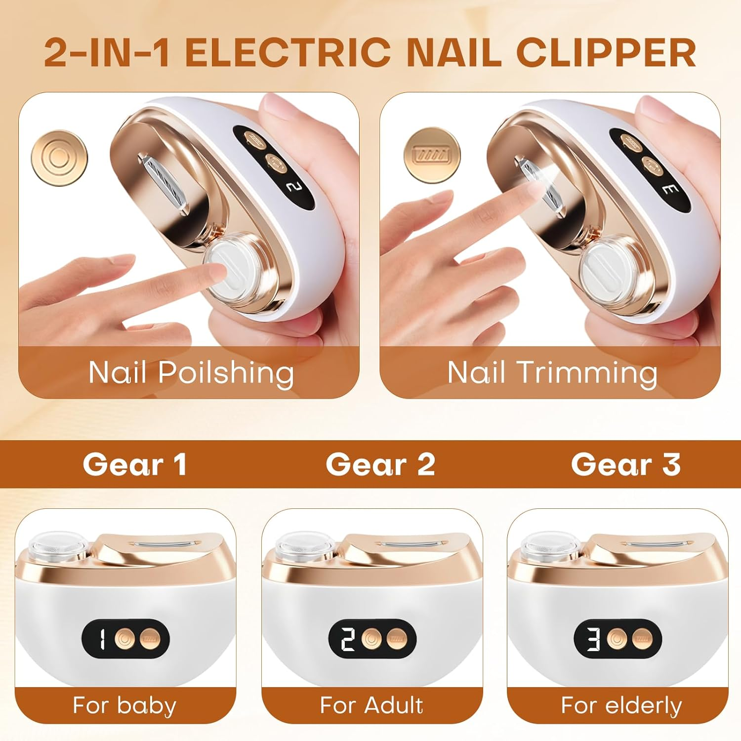 Elektrischer 2-in-1-Nagelknipser mit drei Gängen für Babys, Erwachsene und Senioren.