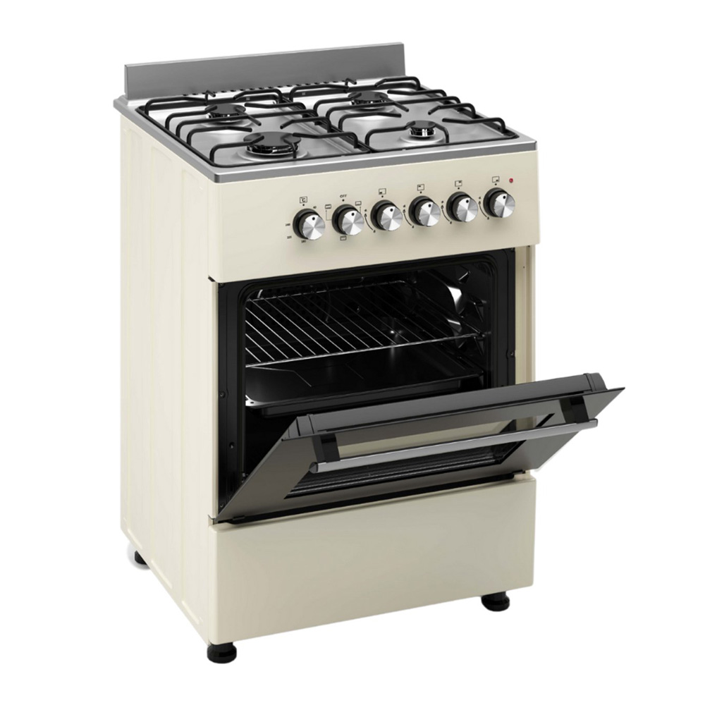 Une cuisinière à gaz crème avec four ouvert et six boutons.