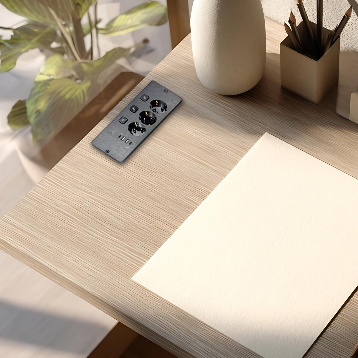 Szara listwa zasilająca na jasnym drewnianym biurku z papierem i wazonem.