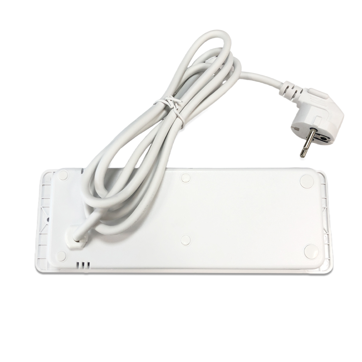 Biała listwa zasilająca z kablem i wtyczką, widziana od tyłu.