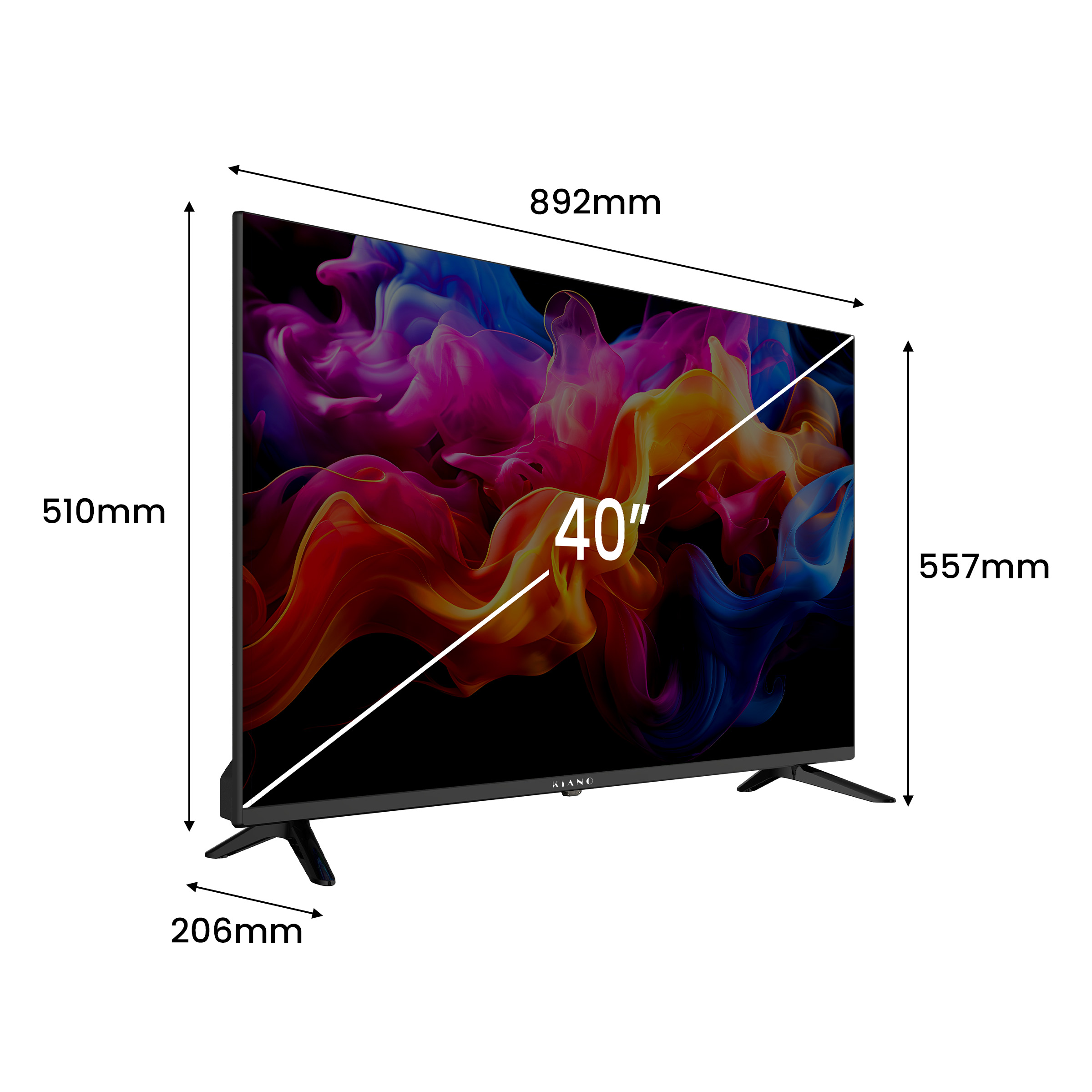 Un televisor de 40 pulgadas que muestra arte abstracto colorido, con dimensiones.