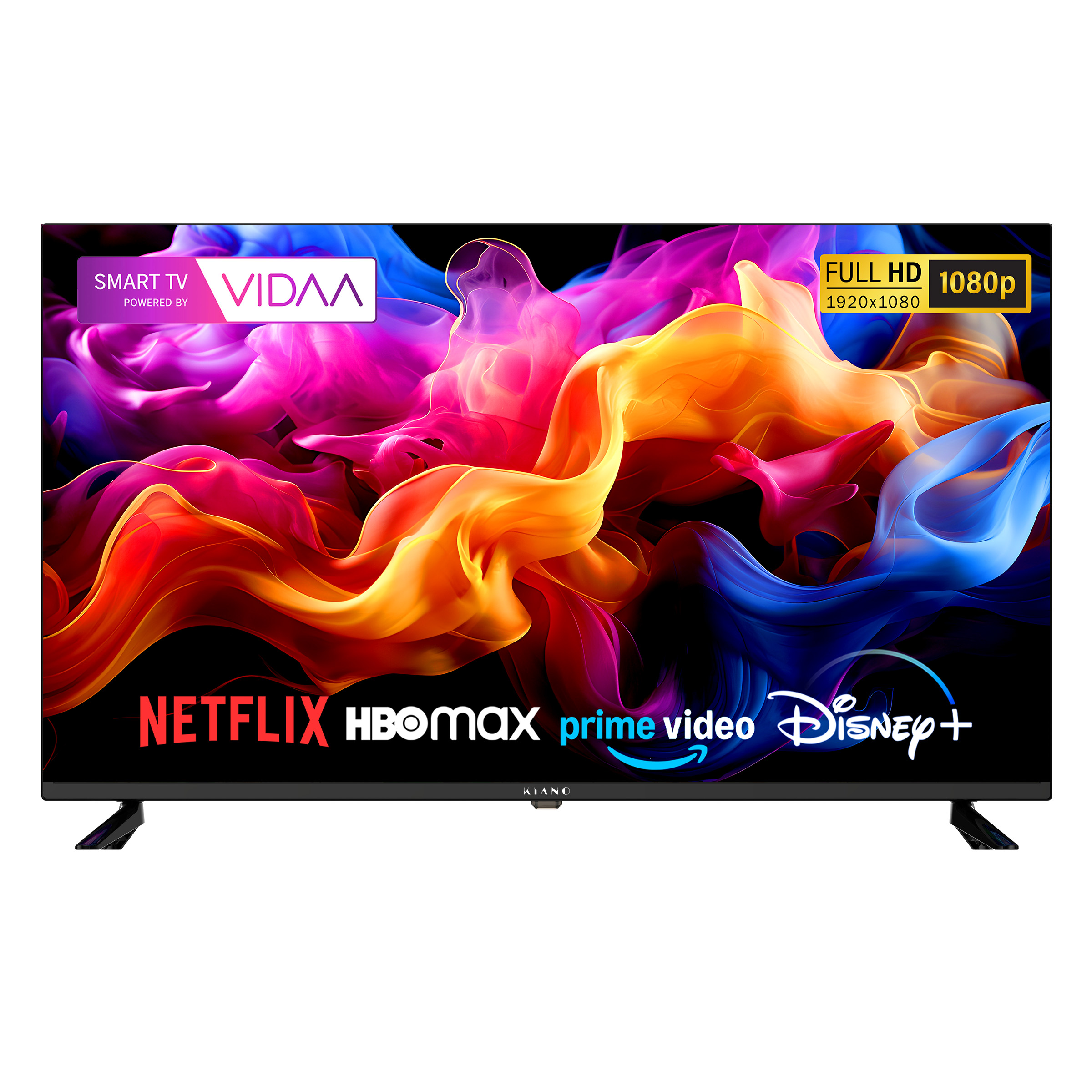 Un Smart TV VIDAA Full HD 1080p muestra nubes de humo coloridas.