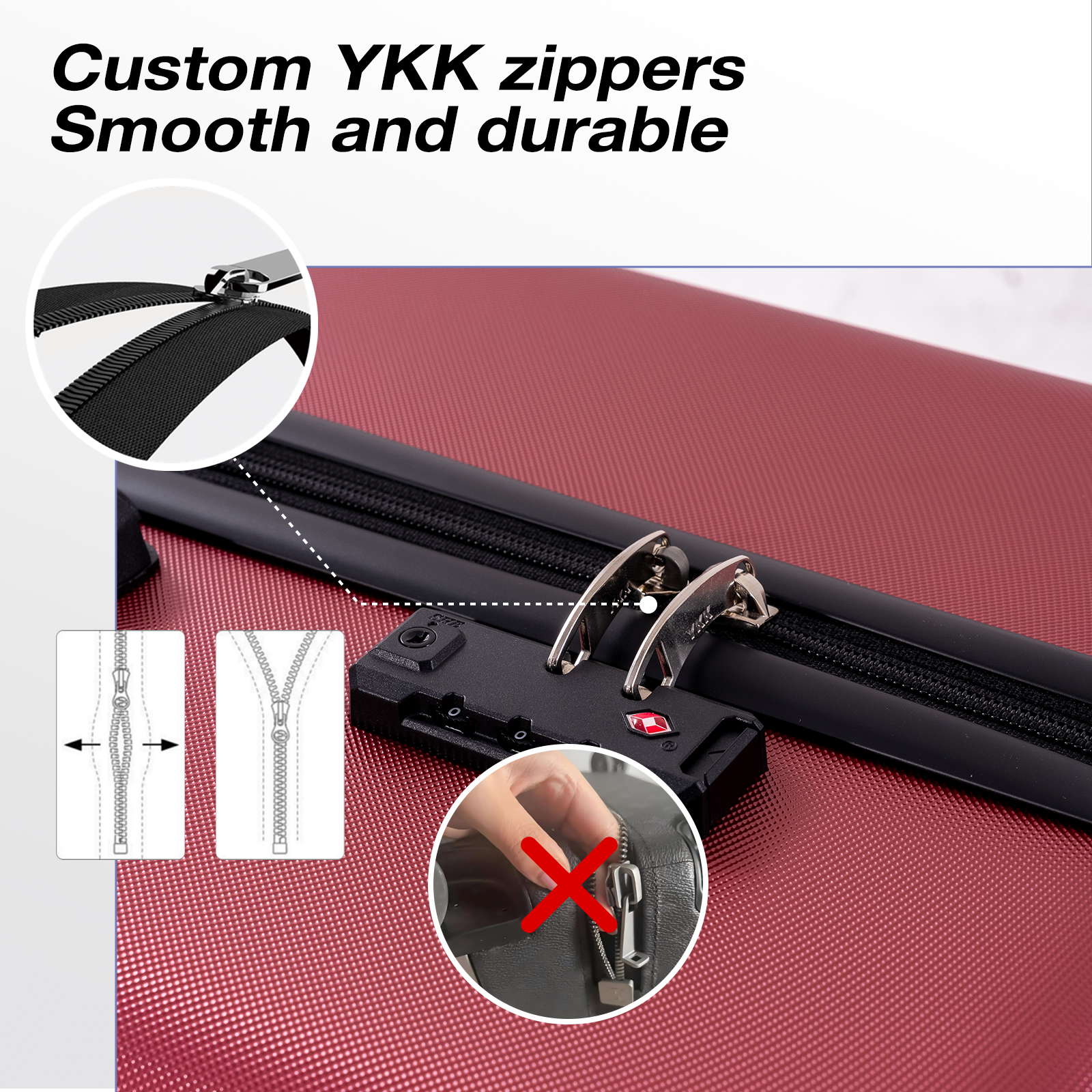 Rode koffer met YKK-rits en TSA-slot. Close-ups tonen ritsdetails en werking.