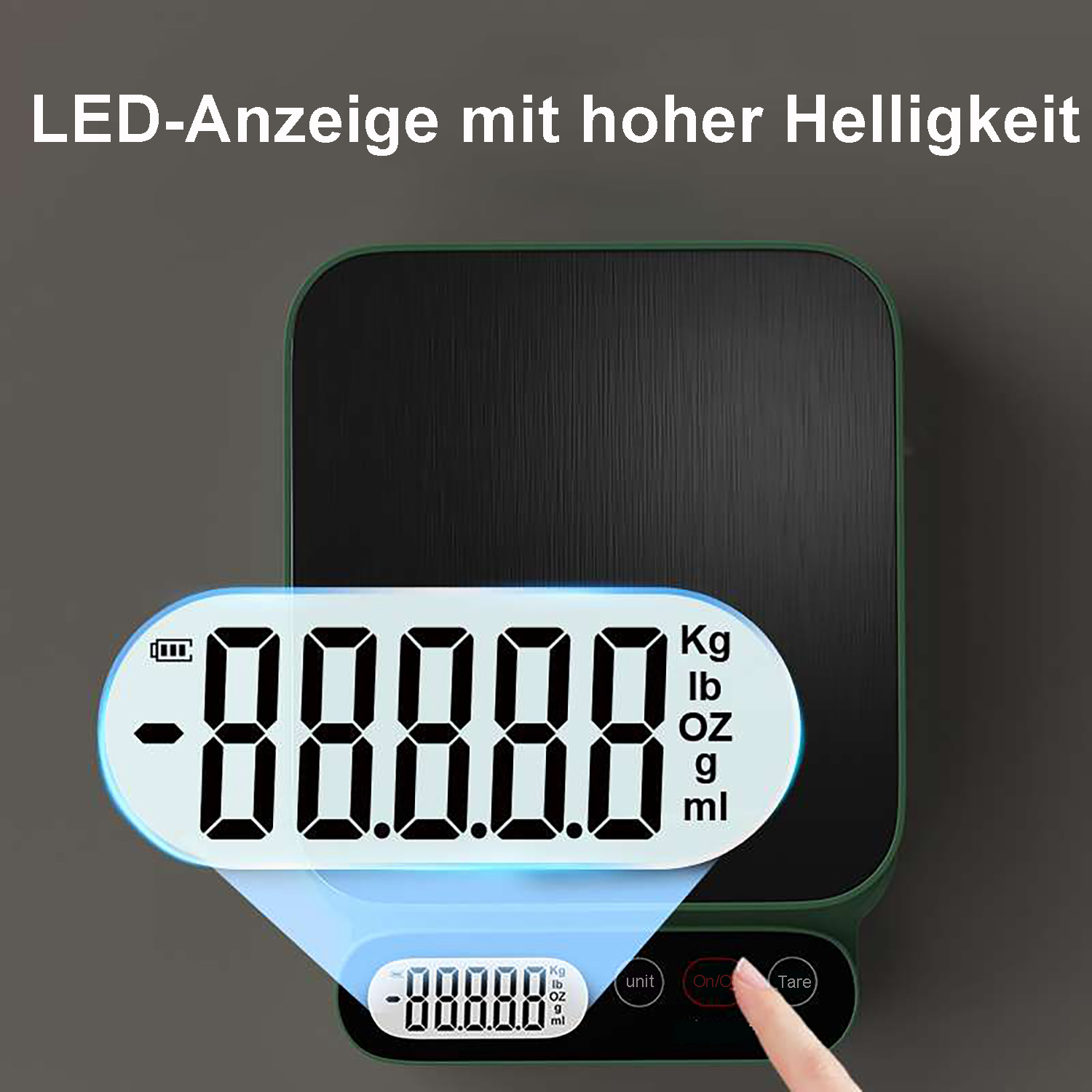 Digitale Küchenwaage mit hellem LED-Display zeigt 00000. Eine Hand drückt die Tare-Taste.