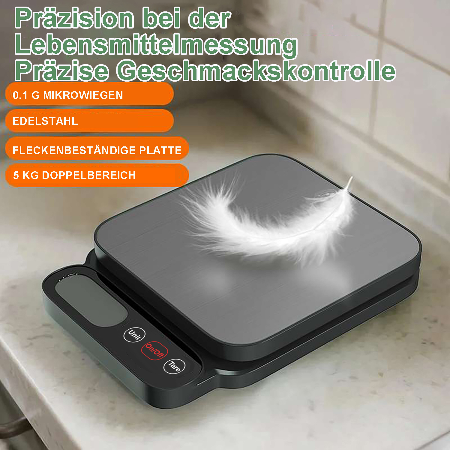 Eine digitale Küchenwaage aus Edelstahl mit einer Feder darauf.