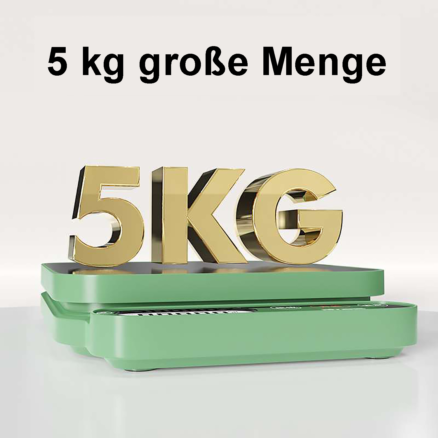 Goldene 5KG-Buchstaben auf einer grünen Waage mit Text.