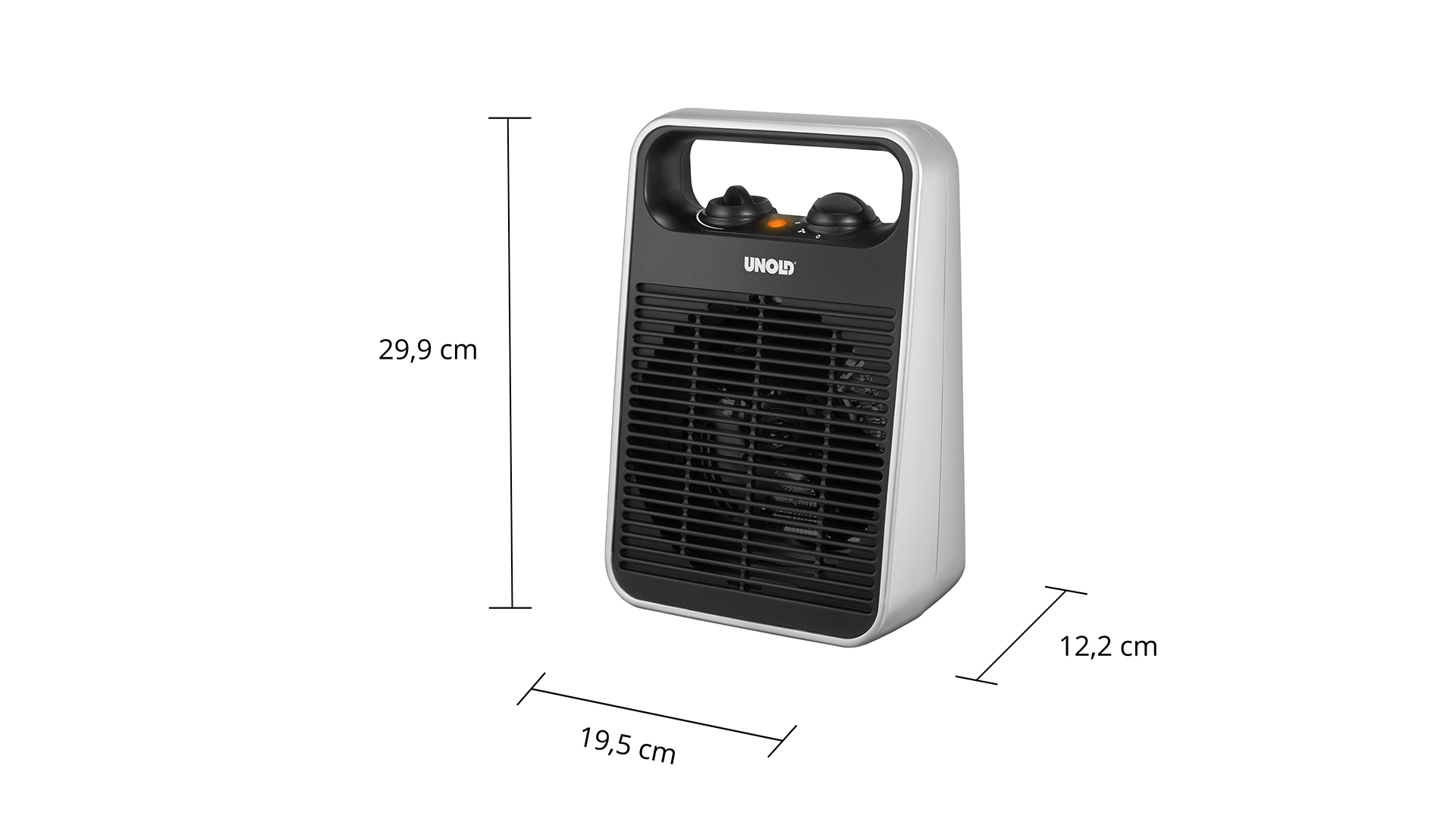 Biały grzejnik wieżowy UNOLD z czarną kratką i uchwytem.