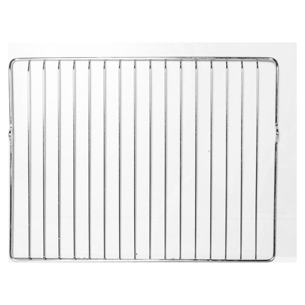 A shiny, rectangular metal rack with parallel bars on a white background.