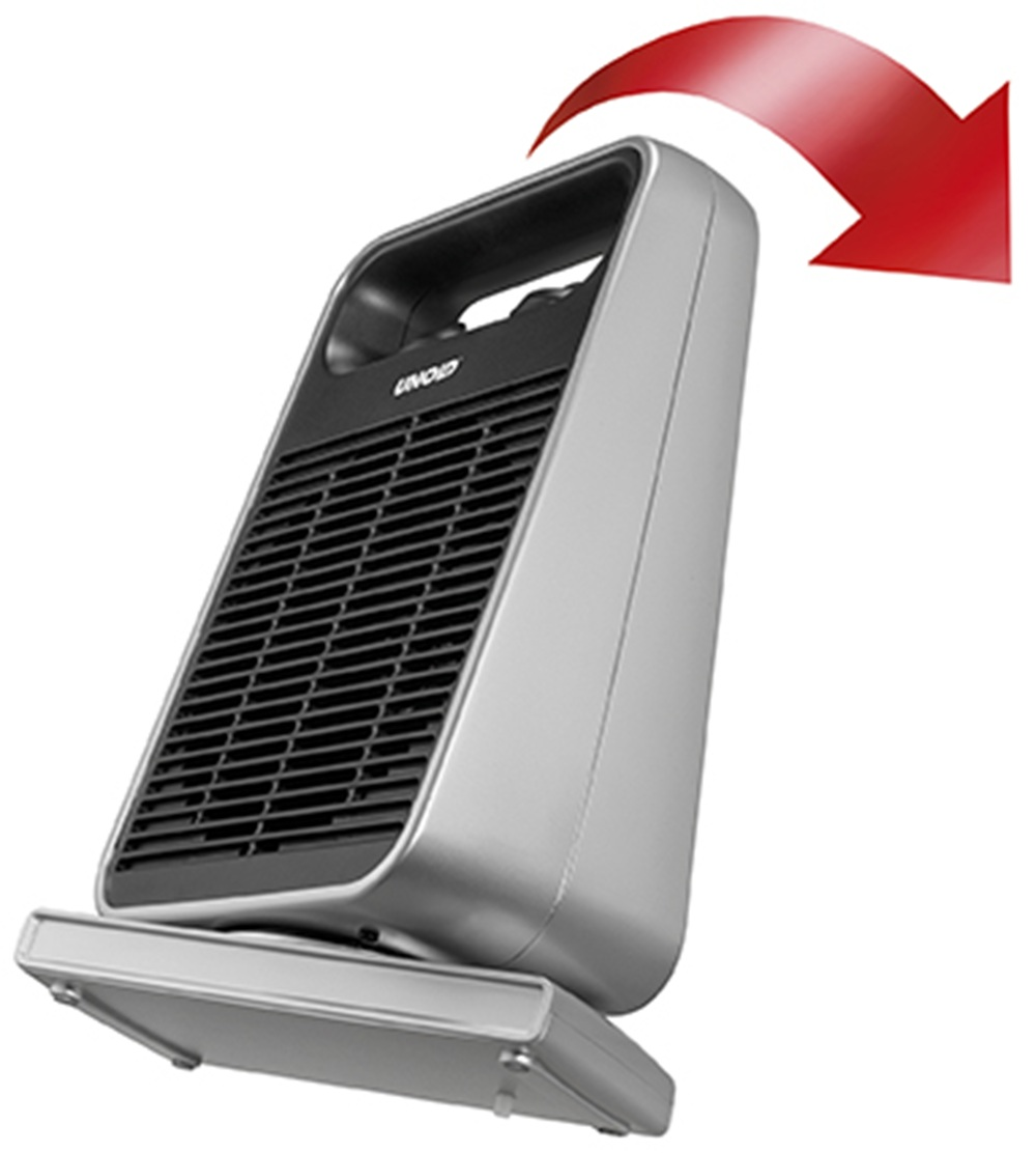 Srebrny wentylator z czarną kratką i uchwytem. Czerwona strzałka wskazuje w prawo.