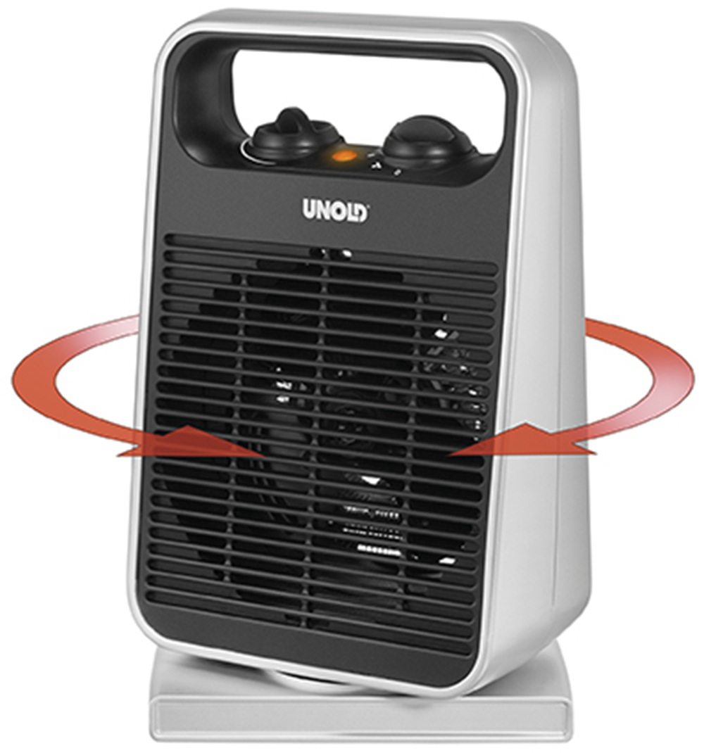 Biały grzejnik wentylatorowy UNOLD z czarną kratką i pokrętłami. Czerwone strzałki wskazują oscylację.