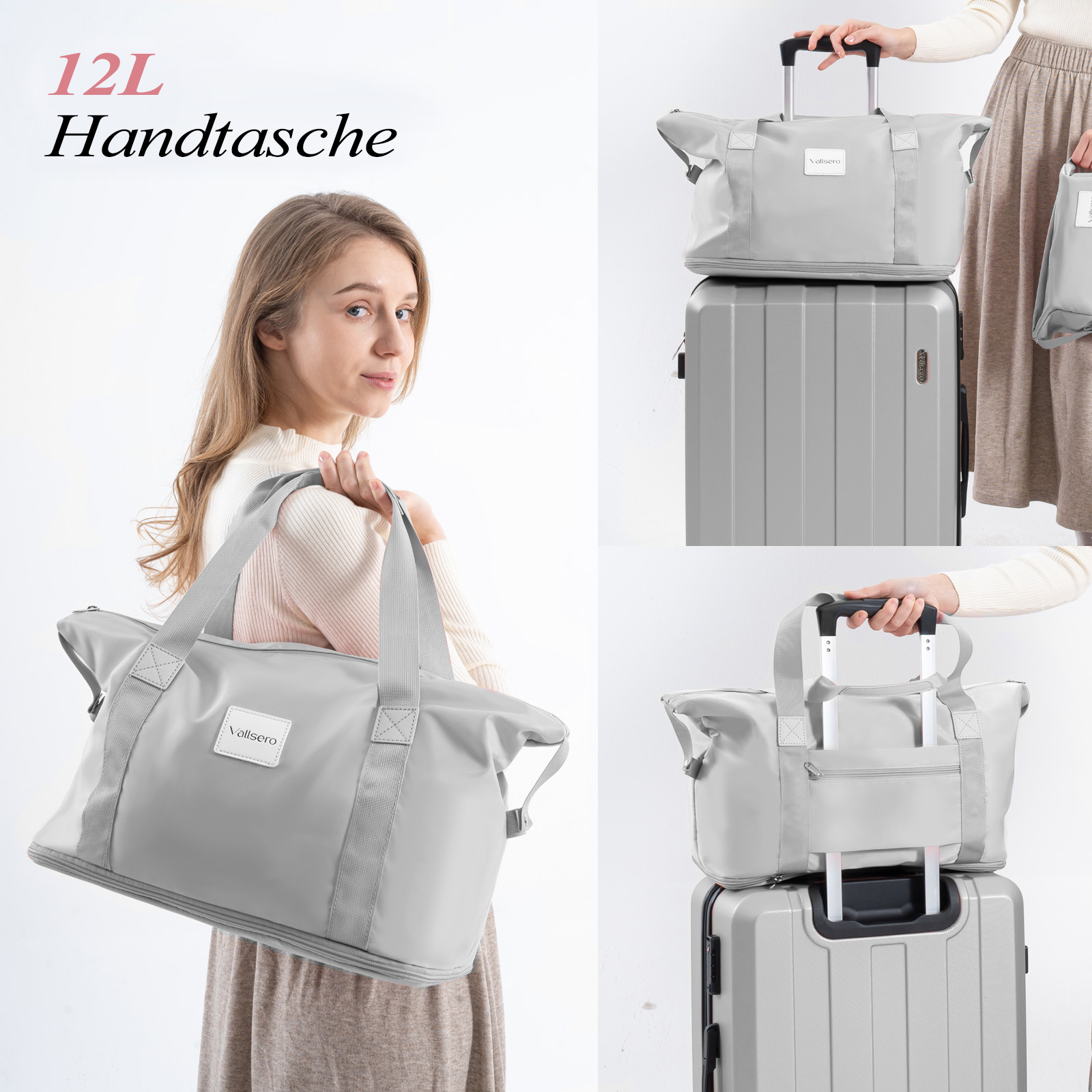 Sac de voyage gris avec poignées et fermeture éclair sur une valise argentée.