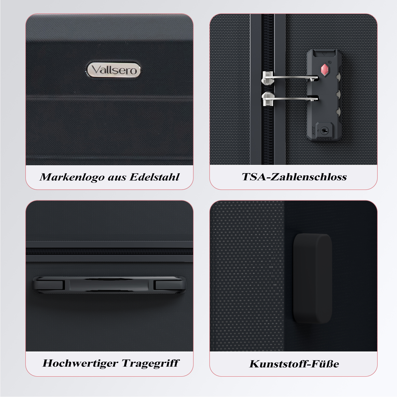 Quatre gros plans d'une valise noire : logo, serrure, poignée et pieds.