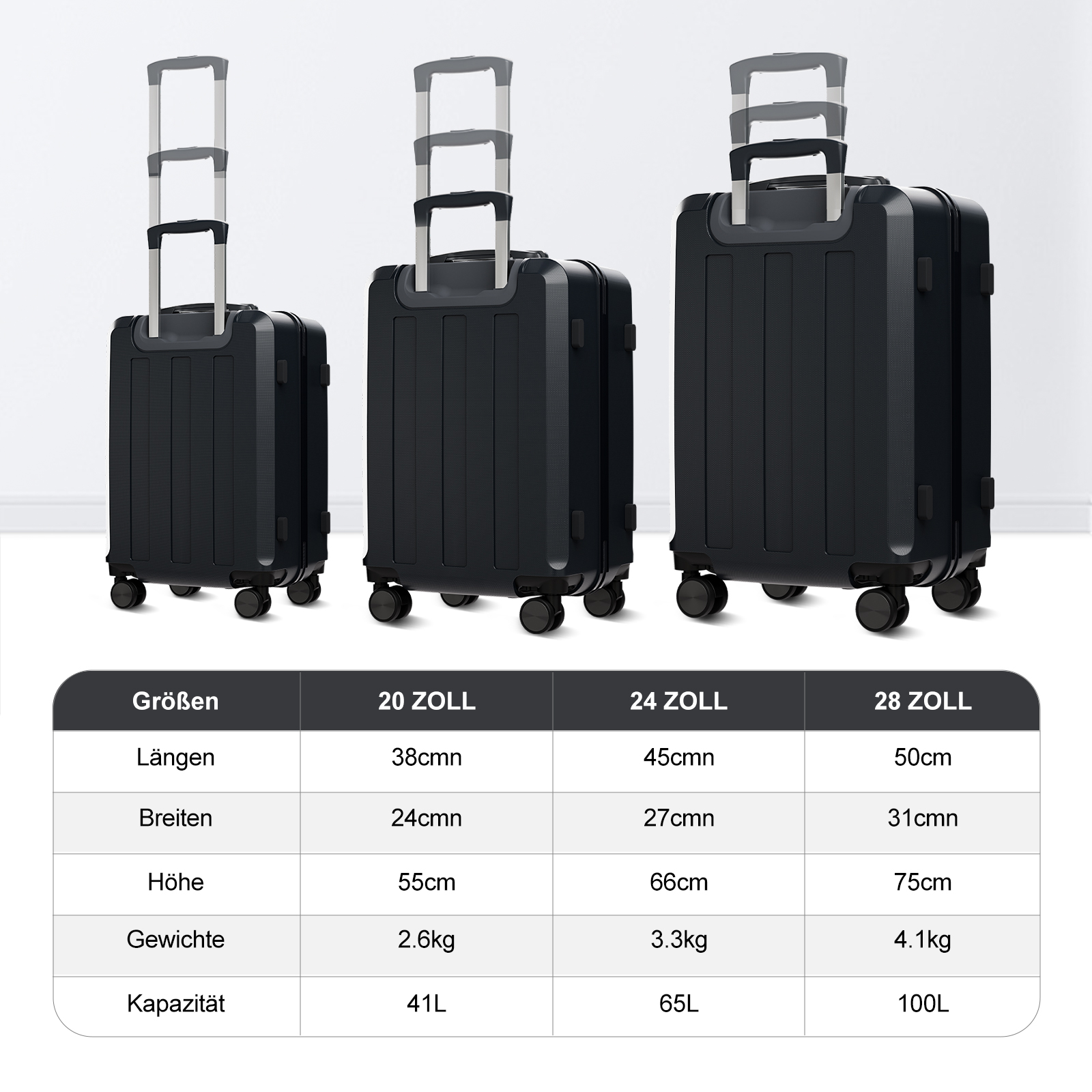 Trois valises noires de différentes tailles avec poignées rétractables.