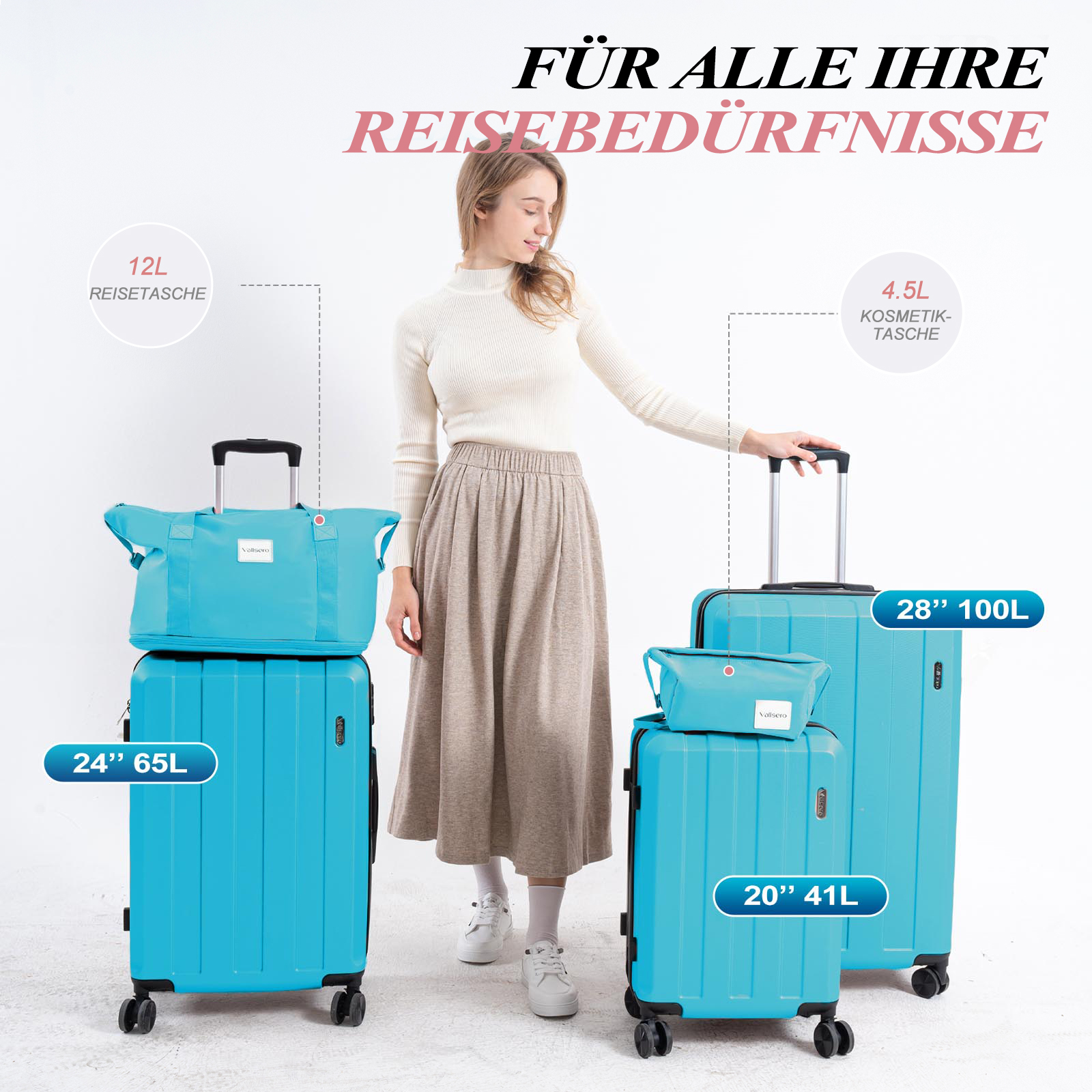 Une femme se tient près de bagages turquoise : valises et sacs de voyage.