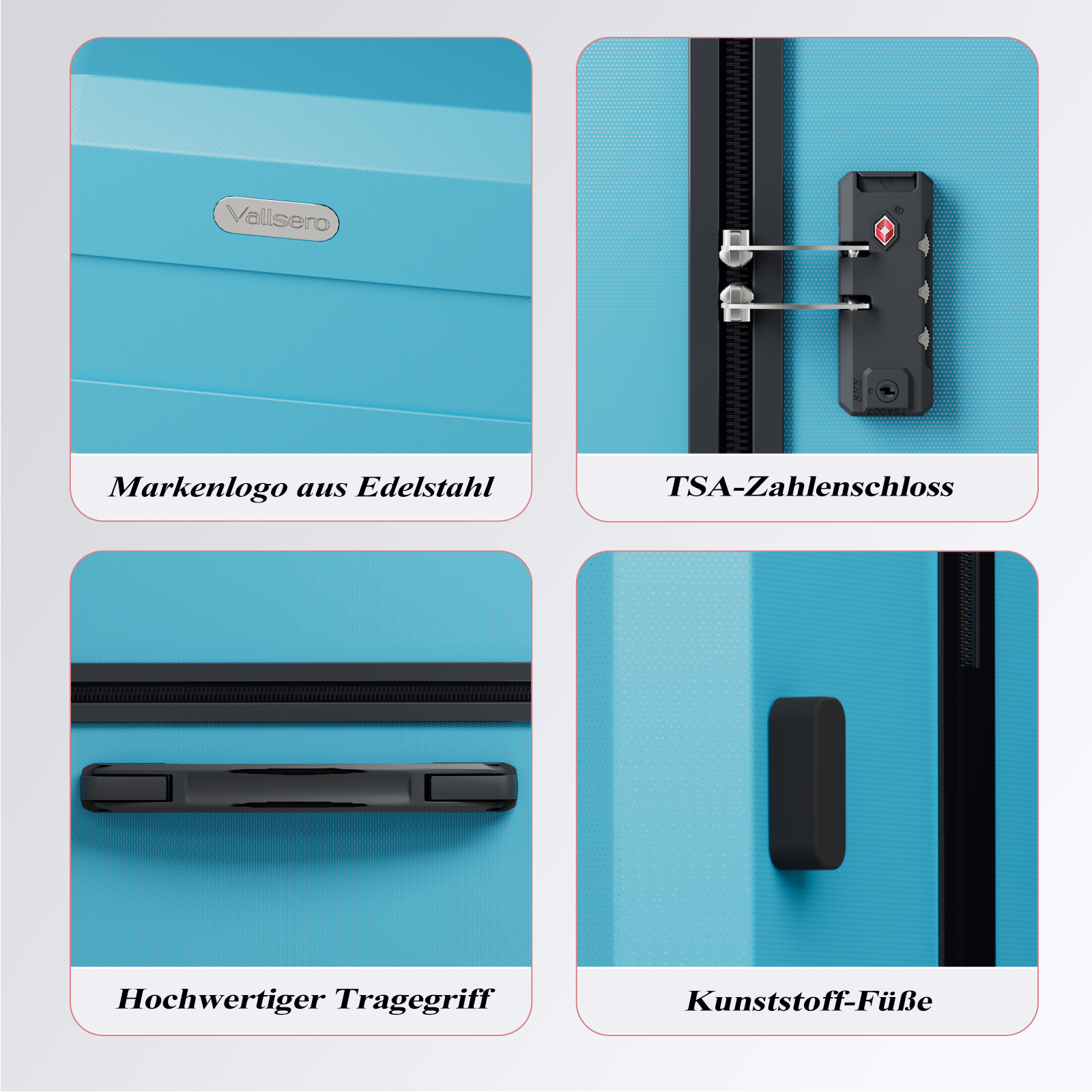 Quatre gros plans d'une valise bleue : logo, serrure, poignée et pieds.