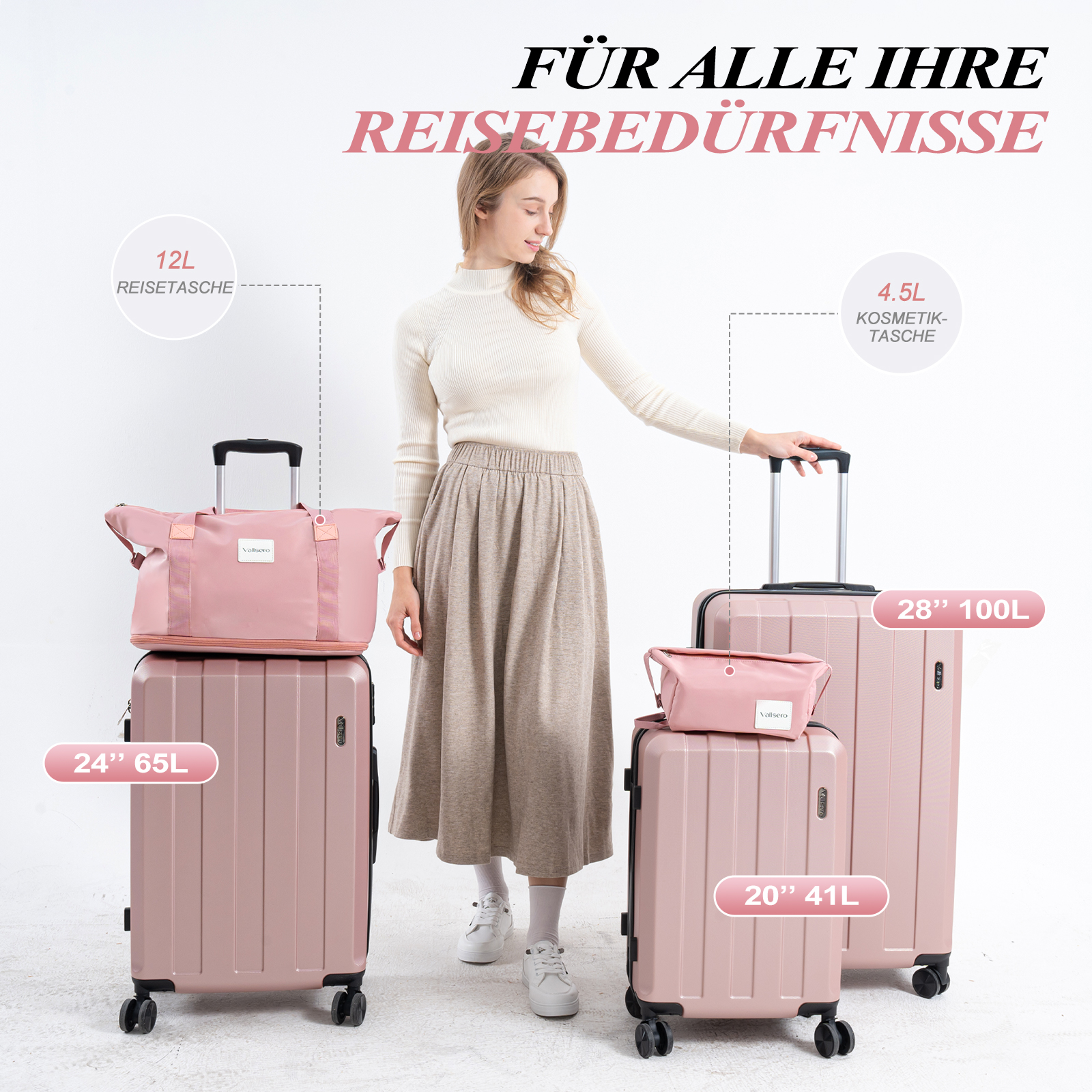 Femme avec des bagages roses de différentes tailles. Un sac de voyage 12L.