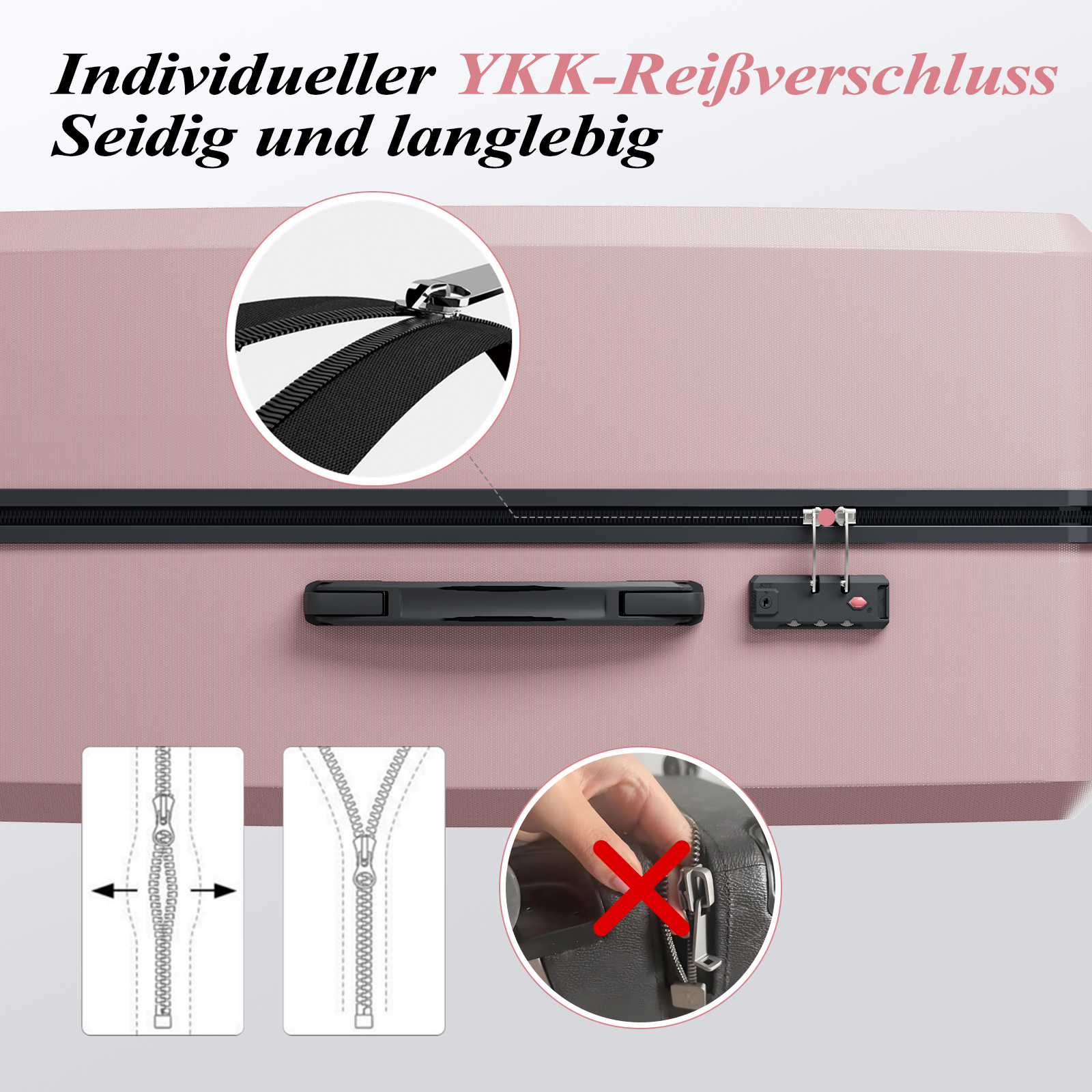 Valise rose avec fermeture éclair, cadenas et gros plans de détails de fermeture éclair.