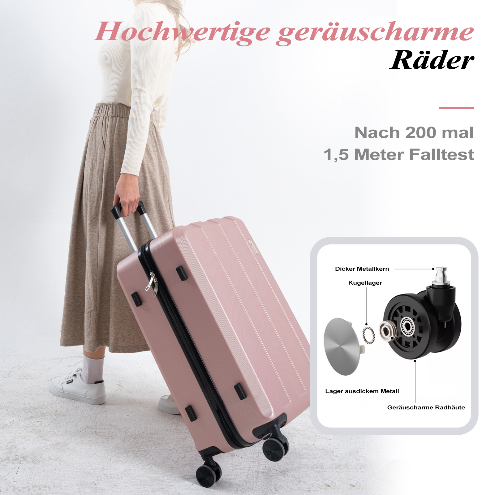 Une femme tire une valise rose avec un gros plan de la roue.