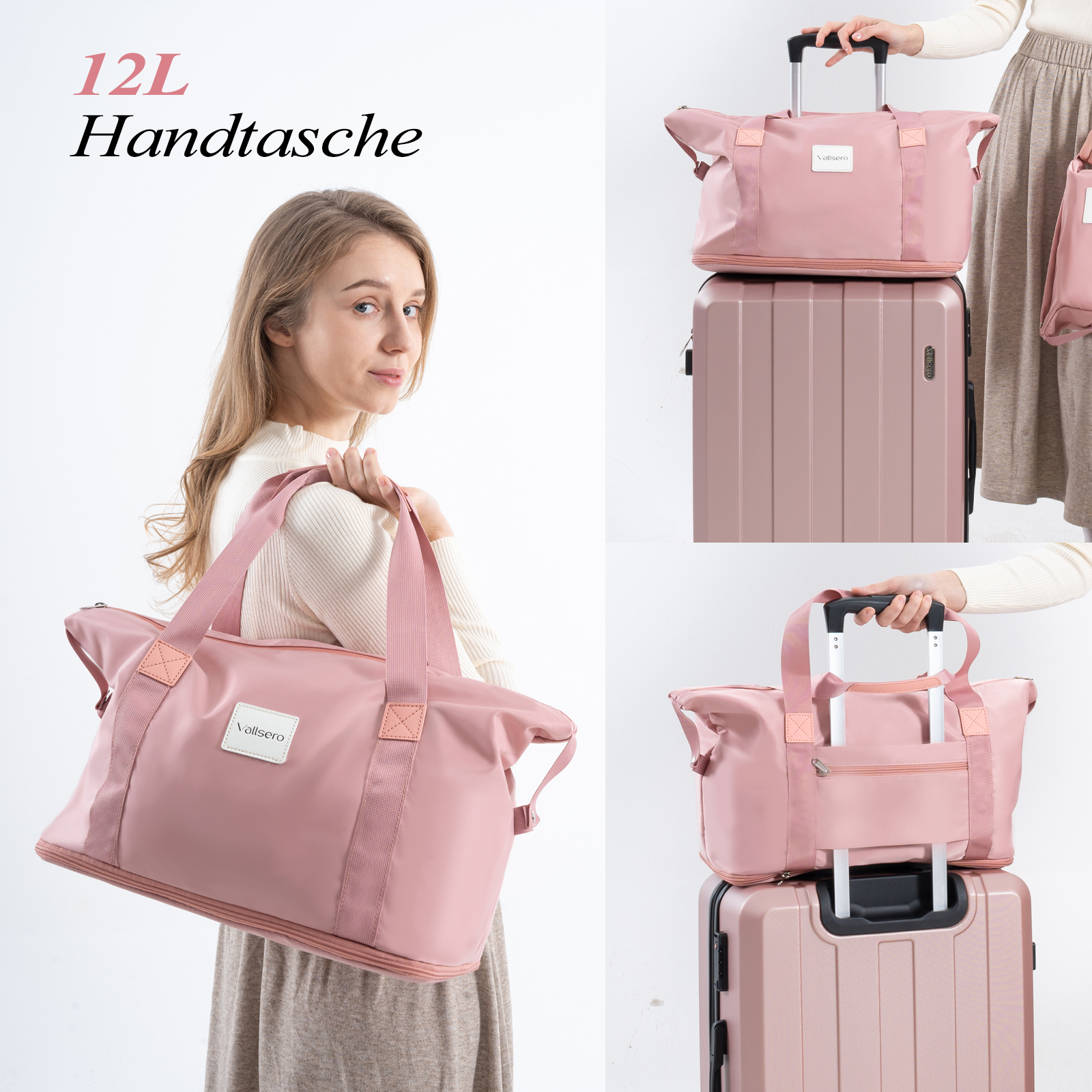 Femme avec sac de voyage rose. Autre sac sur une valise.