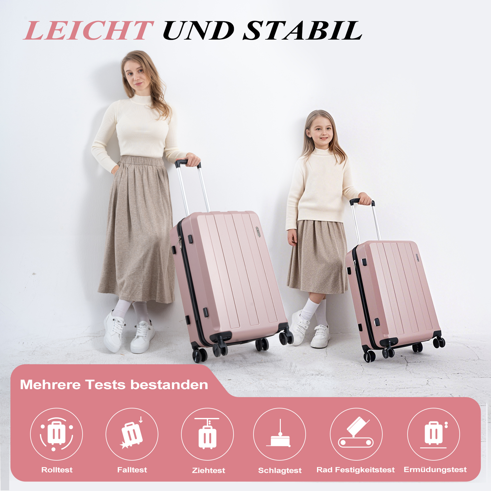 Femme et enfant avec des valises roses. Texte : Léger et Stable. Plusieurs tests réussis.