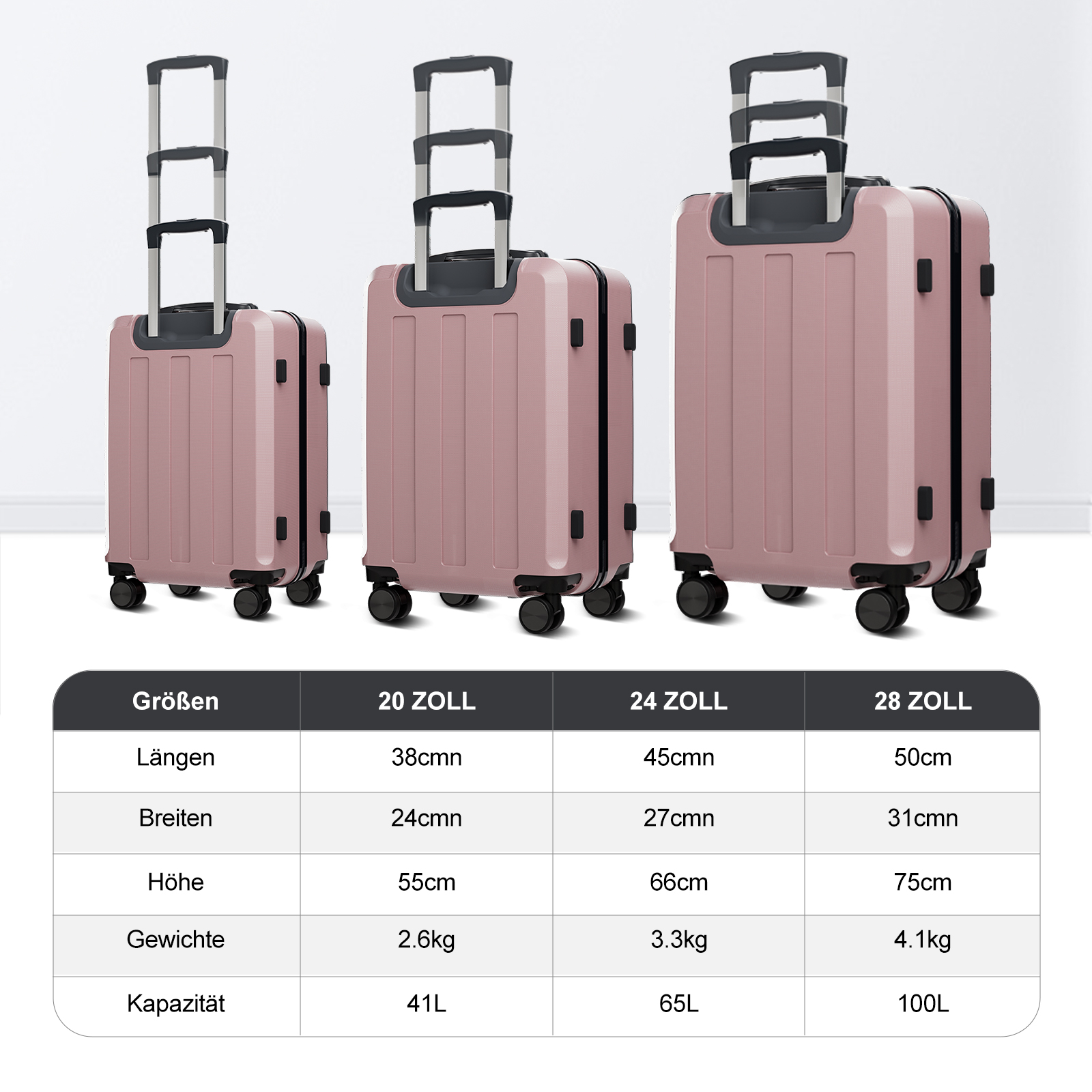 Trois valises roses de tailles différentes côte à côte, avec un tableau de mesures.