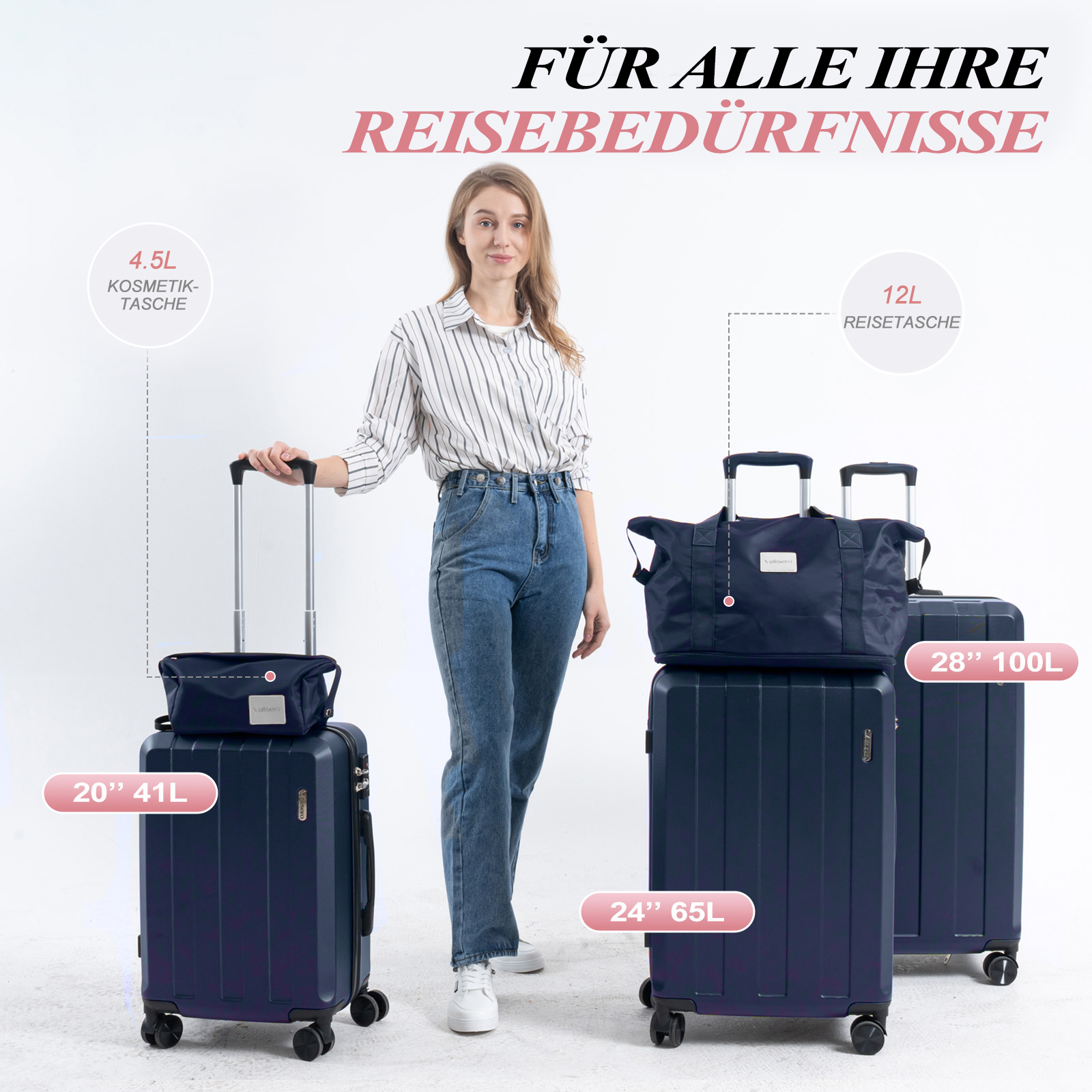 Une femme à côté de bagages sombres: 2 valises, 1 sac de voyage, 1 trousse de toilette.