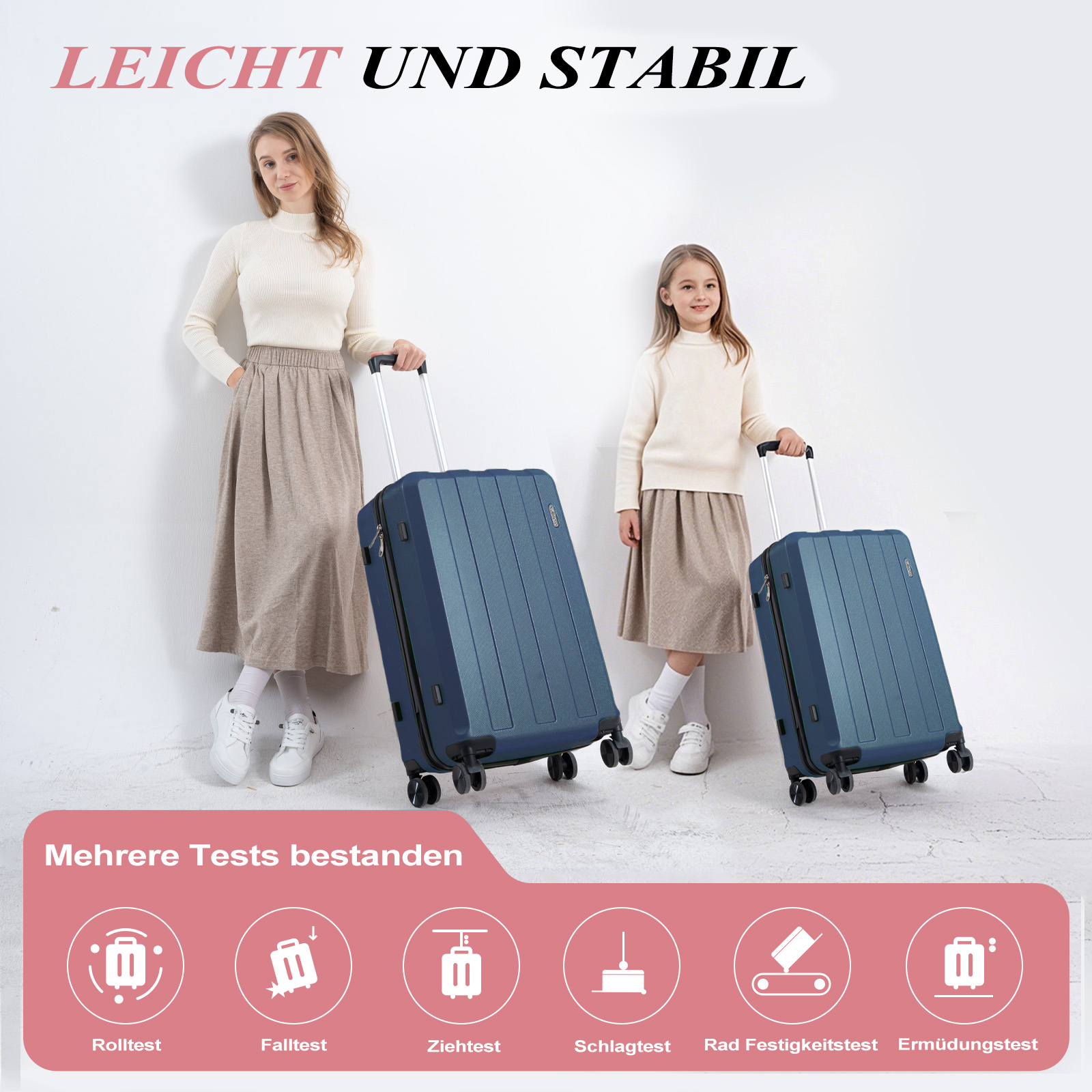 Femme et enfant avec des valises bleues sur fond blanc. Bagages légers et stables.