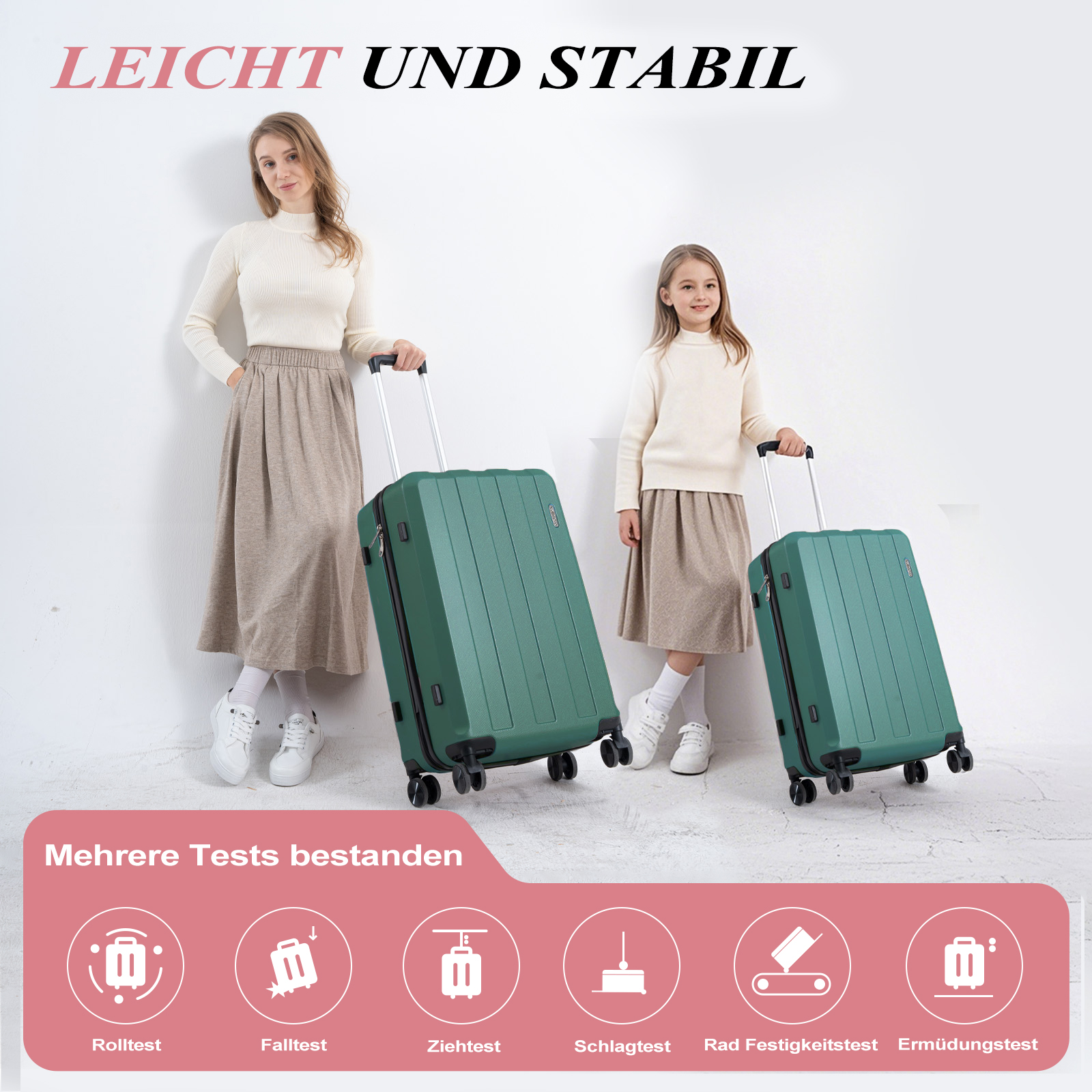 Femme et enfant debout près de valises vertes. Tests multiples réussis.