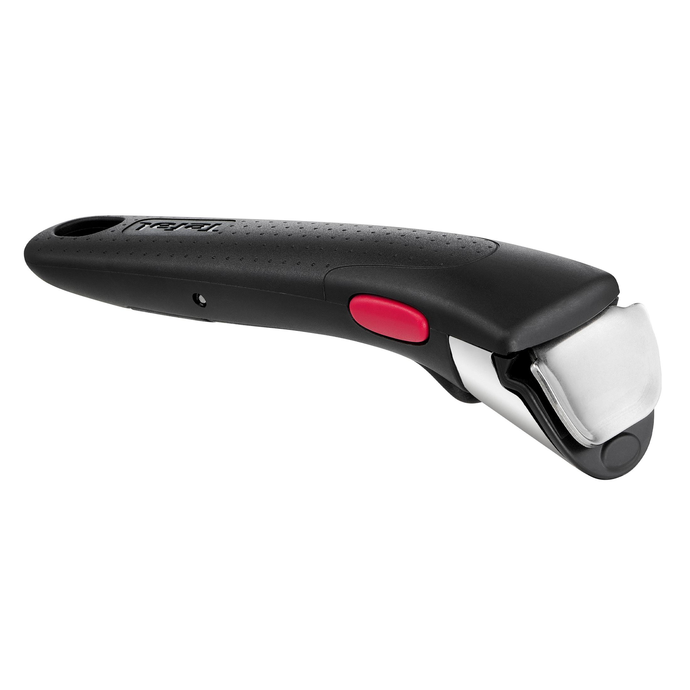 Mango Tefal negra con botón rojo y parte de pinza metálica.
