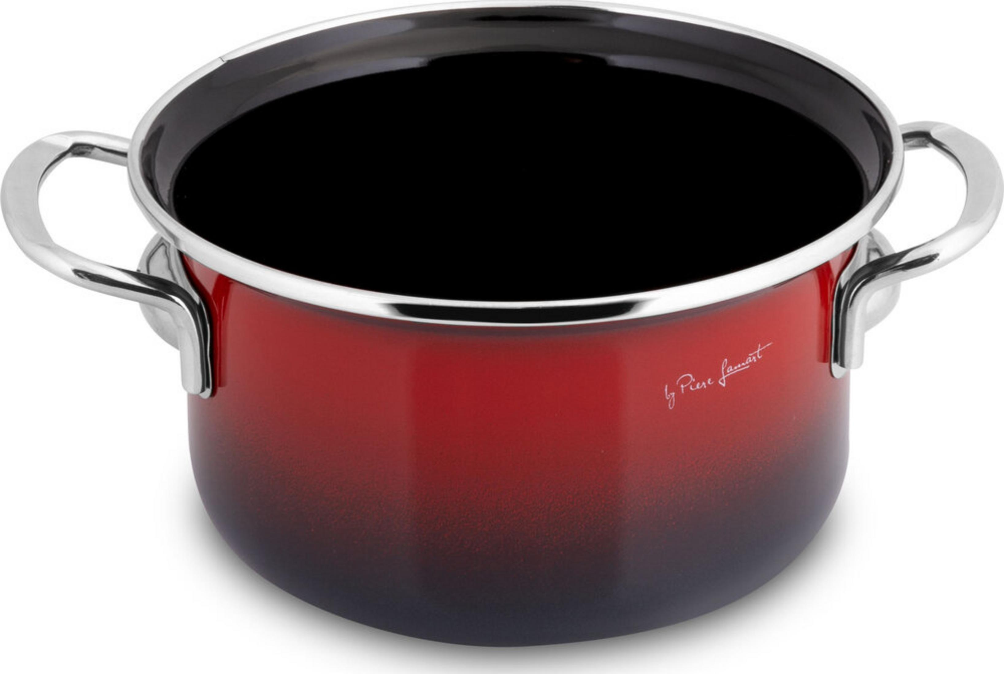 Olla roja con dos asas y interior negro.
