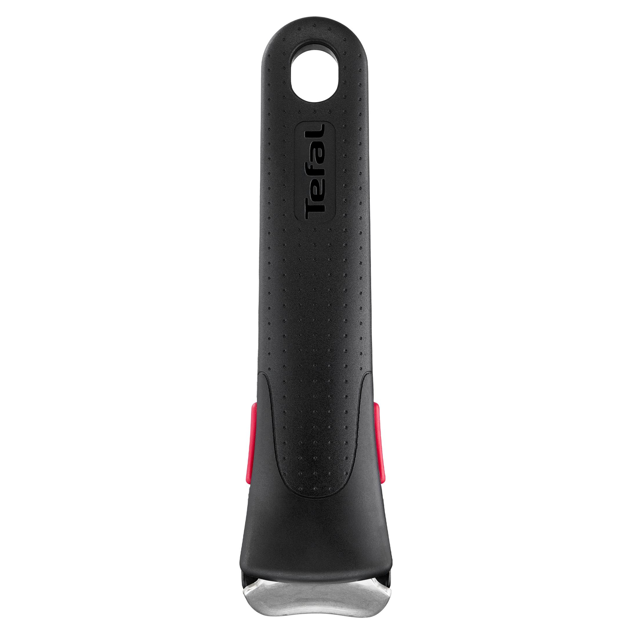 Mango negra para sartén Tefal con detalle rojo y orificio.