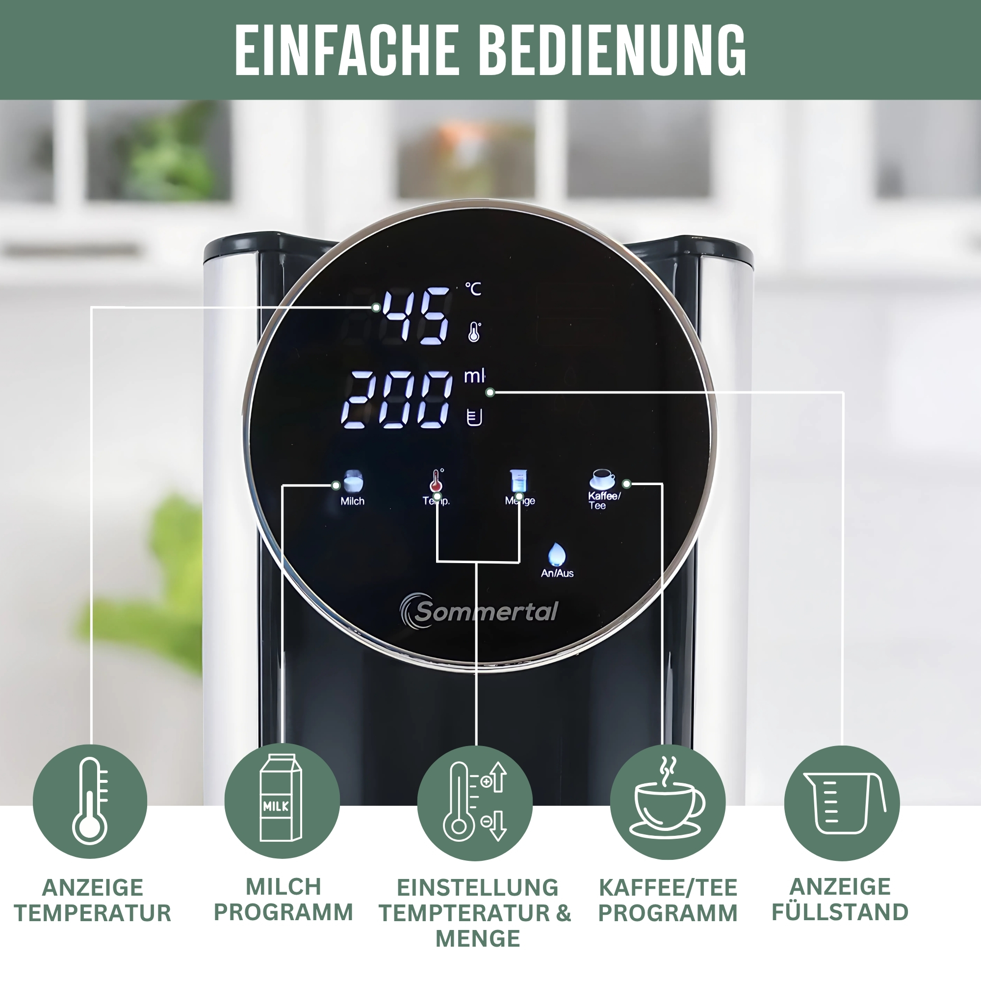 Modernes Gerät mit digitalem Display zeigt 45°C und 200ml an.